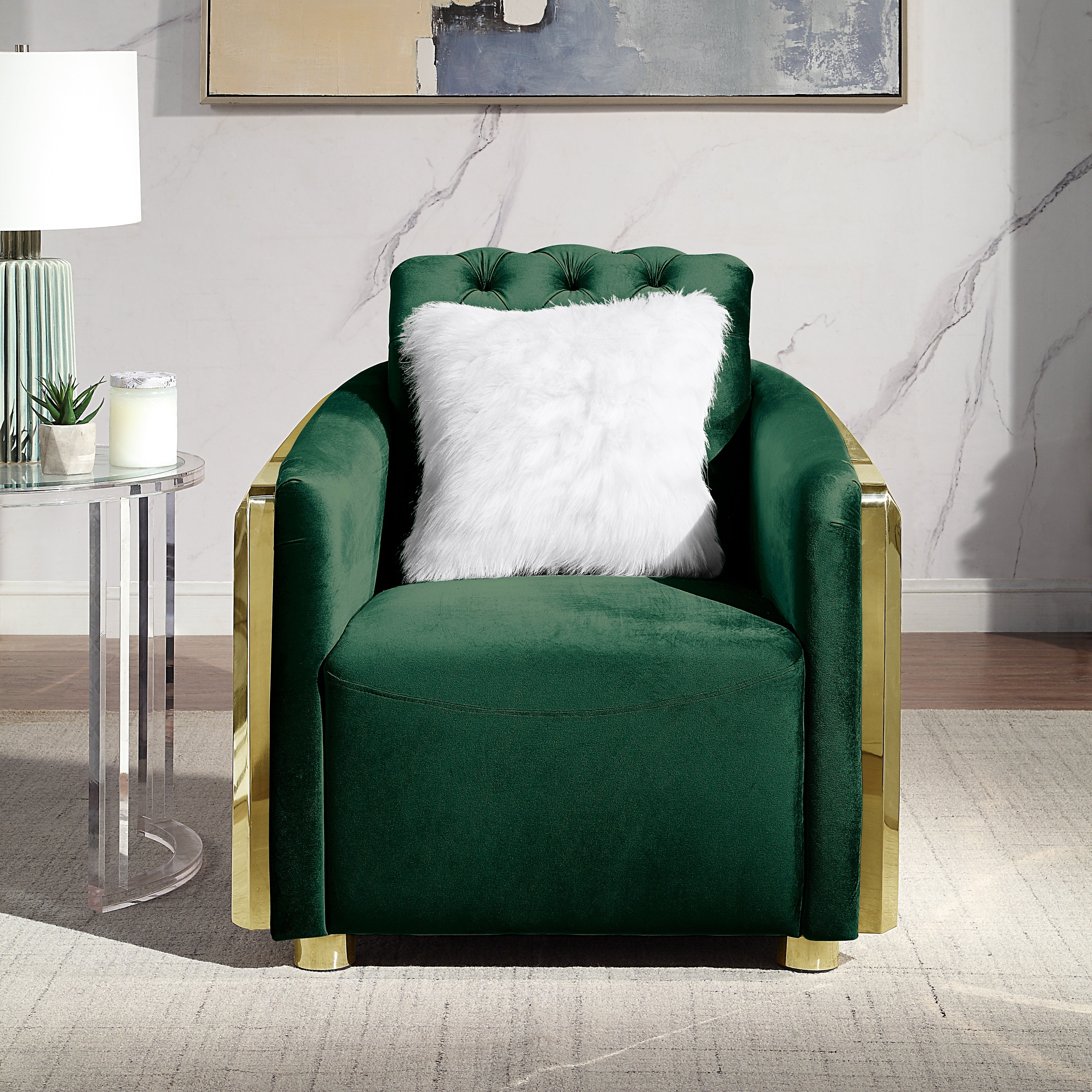 8019-2 100% POLYESTER VELVET, HIGH-DENSITY FOAM, SOLID WOOD STRUCTURE WITH 201 STAINLESS STEEL LEG Available Colors: BLACK WHITE GREY GREEN SOFA: L91.34" x D35" x H32.2" LOVESEAT: L72.8" x D35" x H36.2" CHAIR : L35" x D35.4" x H36.6" (CLICK INDIVIDUAL ITEMS AND COLOR TO VIEW PRICING)