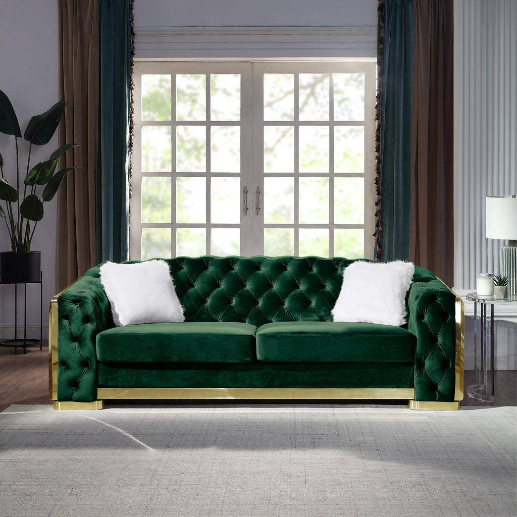 8019-2 100% POLYESTER VELVET, HIGH-DENSITY FOAM, SOLID WOOD STRUCTURE WITH 201 STAINLESS STEEL LEG Available Colors: BLACK WHITE GREY GREEN SOFA: L91.34" x D35" x H32.2" LOVESEAT: L72.8" x D35" x H36.2" CHAIR : L35" x D35.4" x H36.6" (CLICK INDIVIDUAL ITEMS AND COLOR TO VIEW PRICING)