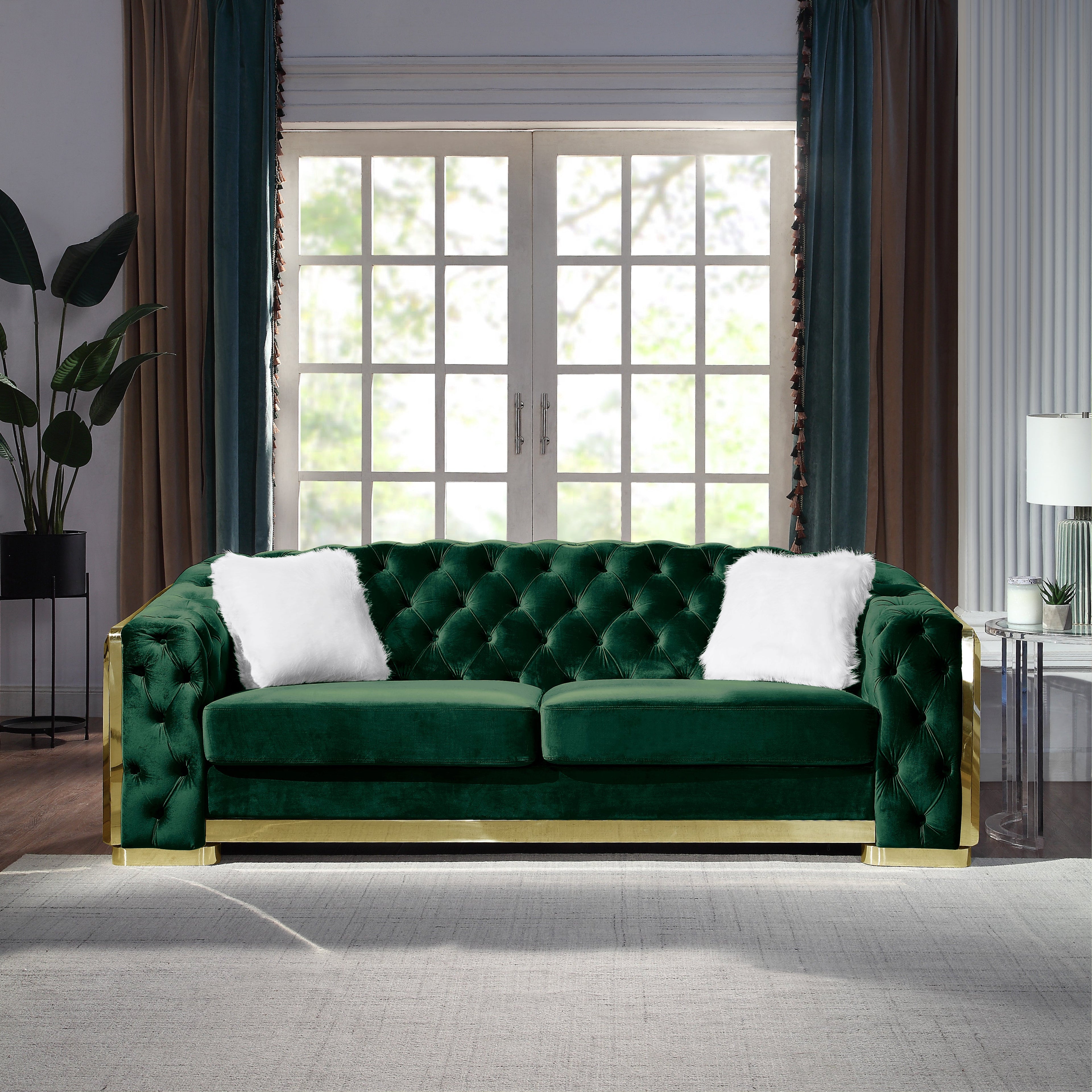 8019-2 100% POLYESTER VELVET, HIGH-DENSITY FOAM, SOLID WOOD STRUCTURE WITH 201 STAINLESS STEEL LEG Available Colors: BLACK WHITE GREY GREEN SOFA: L91.34" x D35" x H32.2" LOVESEAT: L72.8" x D35" x H36.2" CHAIR : L35" x D35.4" x H36.6" (CLICK INDIVIDUAL ITEMS AND COLOR TO VIEW PRICING)