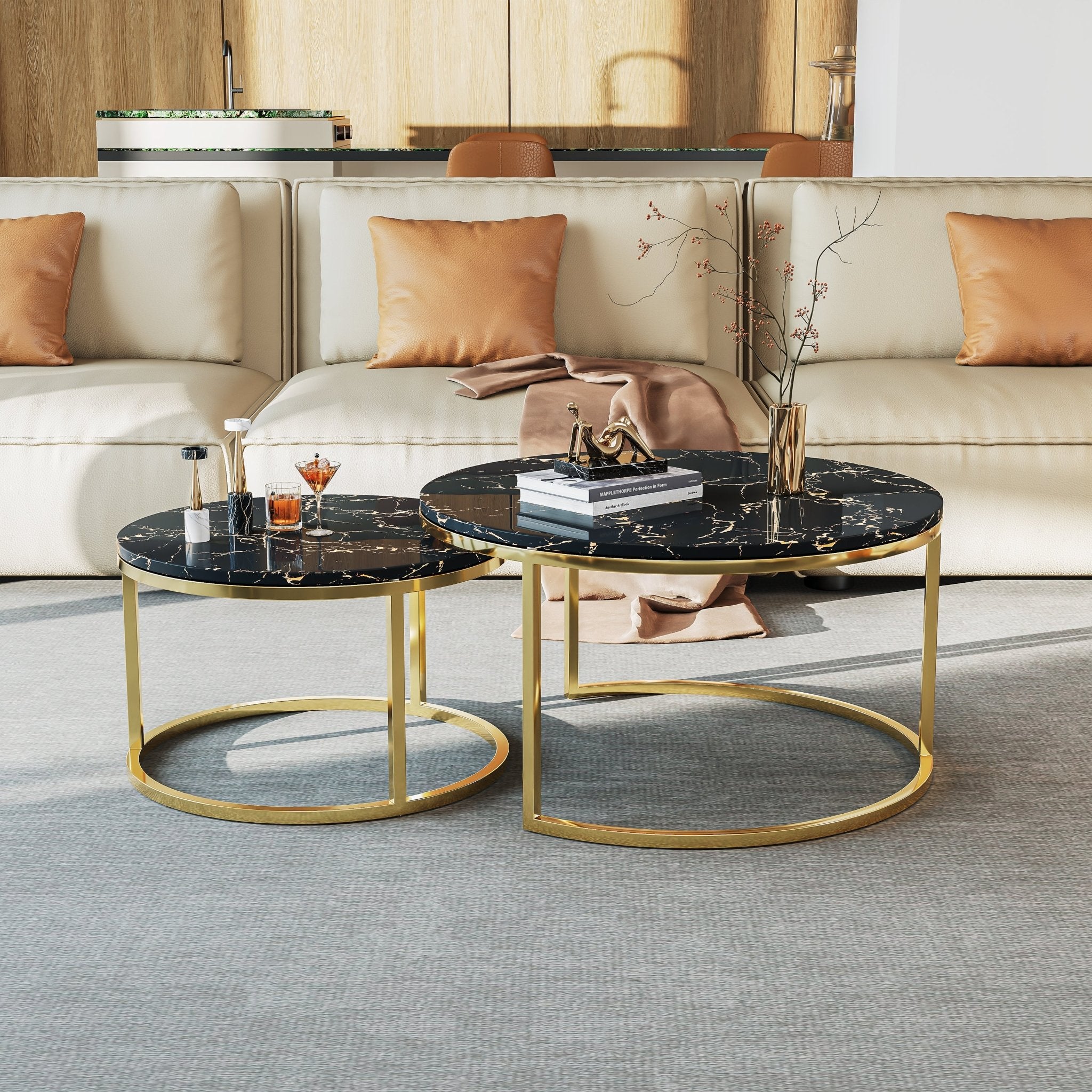2 PIECE COFFEE TABLE SET 18MM MARBLE STAINLESS STEEL MIRRORED FINISH COLOR OPTIONS: WHITE MARBLE / GOLD BLACK MARBLE / GOLD WHITE MARBLE / SILVER BLACK MARBLE / SILVER LARGE SIZE: 32"Lx32"Wx18"H SMALL SIZE: 24"Lx24"Wx15"H