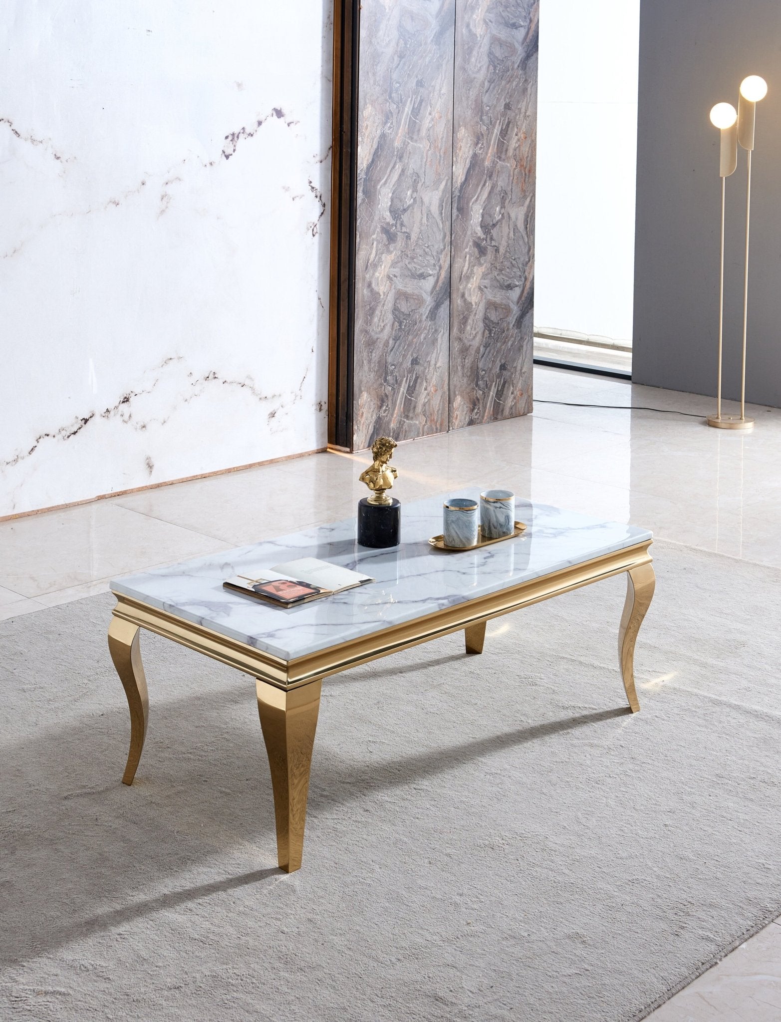 COFFEE TABLE 18MM WHITE MARBLE STAINLESS STEEL GOLD MIRRORED FINISH SIZE:47"Lx24"Dx18"H