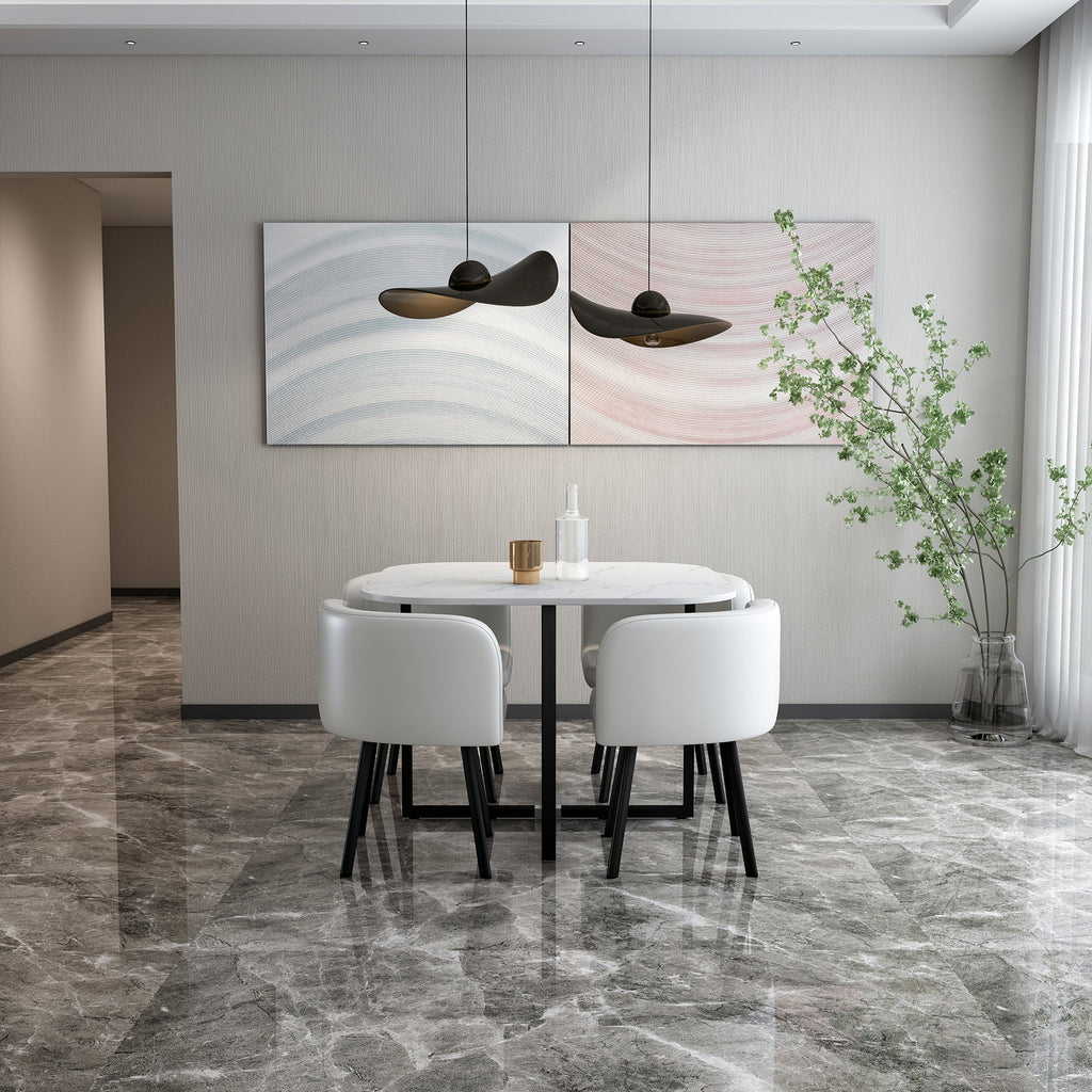 801-2 Dinning Table With 4 Chair TABLE: PRINT MARBLE CHAIR: FABRIC COLOR OPTIONS: GREEN BLACK WHITE SIZE : TABLE: L39.37" x W39.37" x H30.71" CHAIR: ?L25.59" x W18.90" x H28.35" ASSEMBLY IS REQUIRED