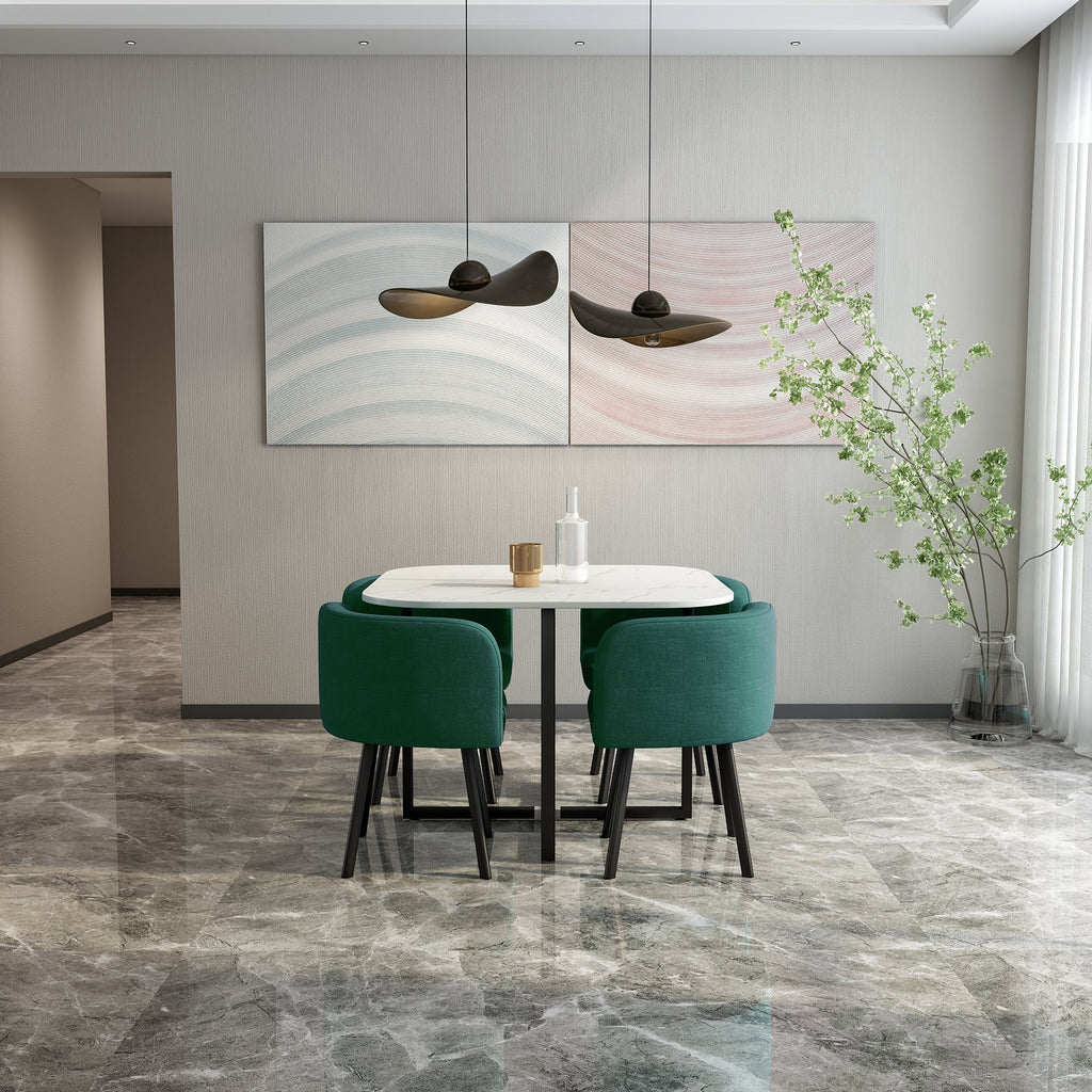 801-2 Dinning Table With 4 Chair TABLE: PRINT MARBLE CHAIR: FABRIC COLOR OPTIONS: GREEN BLACK WHITE SIZE : TABLE: L39.37" x W39.37" x H30.71" CHAIR: ?L25.59" x W18.90" x H28.35" ASSEMBLY IS REQUIRED