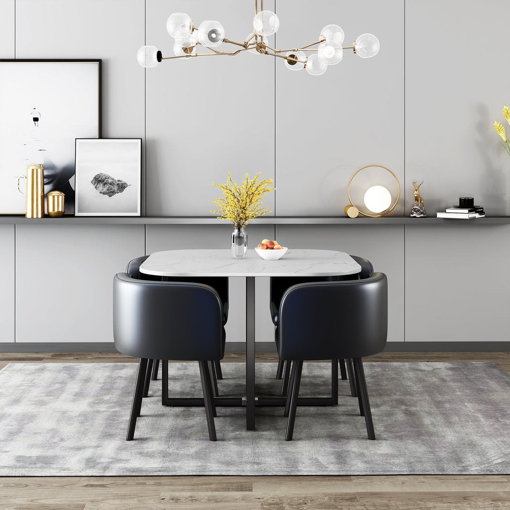 801-2 Dinning Table With 4 Chair TABLE: PRINT MARBLE CHAIR: FABRIC COLOR OPTIONS: GREEN BLACK WHITE SIZE : TABLE: L39.37" x W39.37" x H30.71" CHAIR: ?L25.59" x W18.90" x H28.35" ASSEMBLY IS REQUIRED