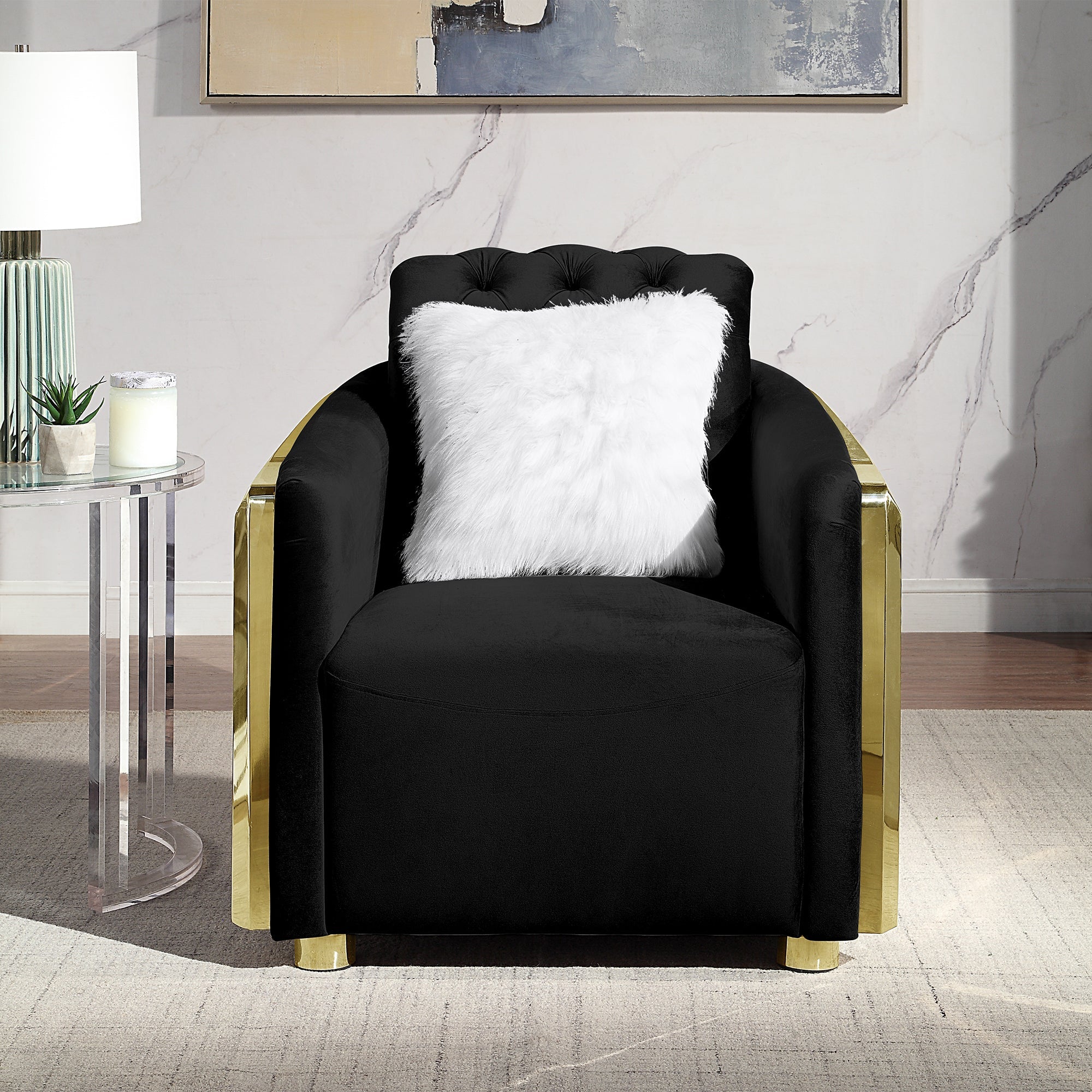 8019-2 100% POLYESTER VELVET, HIGH-DENSITY FOAM, SOLID WOOD STRUCTURE WITH 201 STAINLESS STEEL LEG Available Colors: BLACK WHITE GREY GREEN SOFA: L91.34" x D35" x H32.2" LOVESEAT: L72.8" x D35" x H36.2" CHAIR : L35" x D35.4" x H36.6" (CLICK INDIVIDUAL ITEMS AND COLOR TO VIEW PRICING)