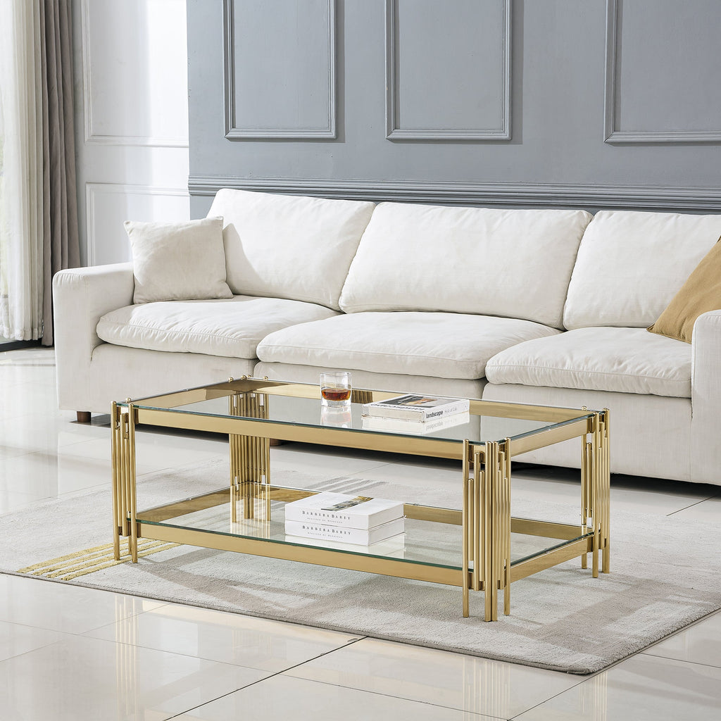 COFFEE TABLE 8 MM CLEAR/BLACK TEMPERED GLASS 201 STAINLESS STEEL GOLD/SILVER MIRRORED FINISH SIZE:47.2"Lx23.6"Dx17 .7"H