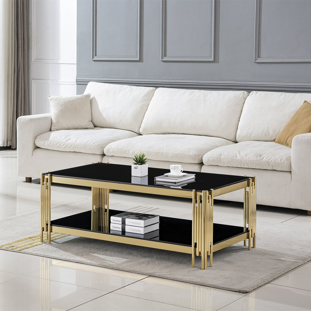 COFFEE TABLE 8 MM CLEAR/BLACK TEMPERED GLASS 201 STAINLESS STEEL GOLD/SILVER MIRRORED FINISH SIZE:47.2"Lx23.6"Dx17 .7"H