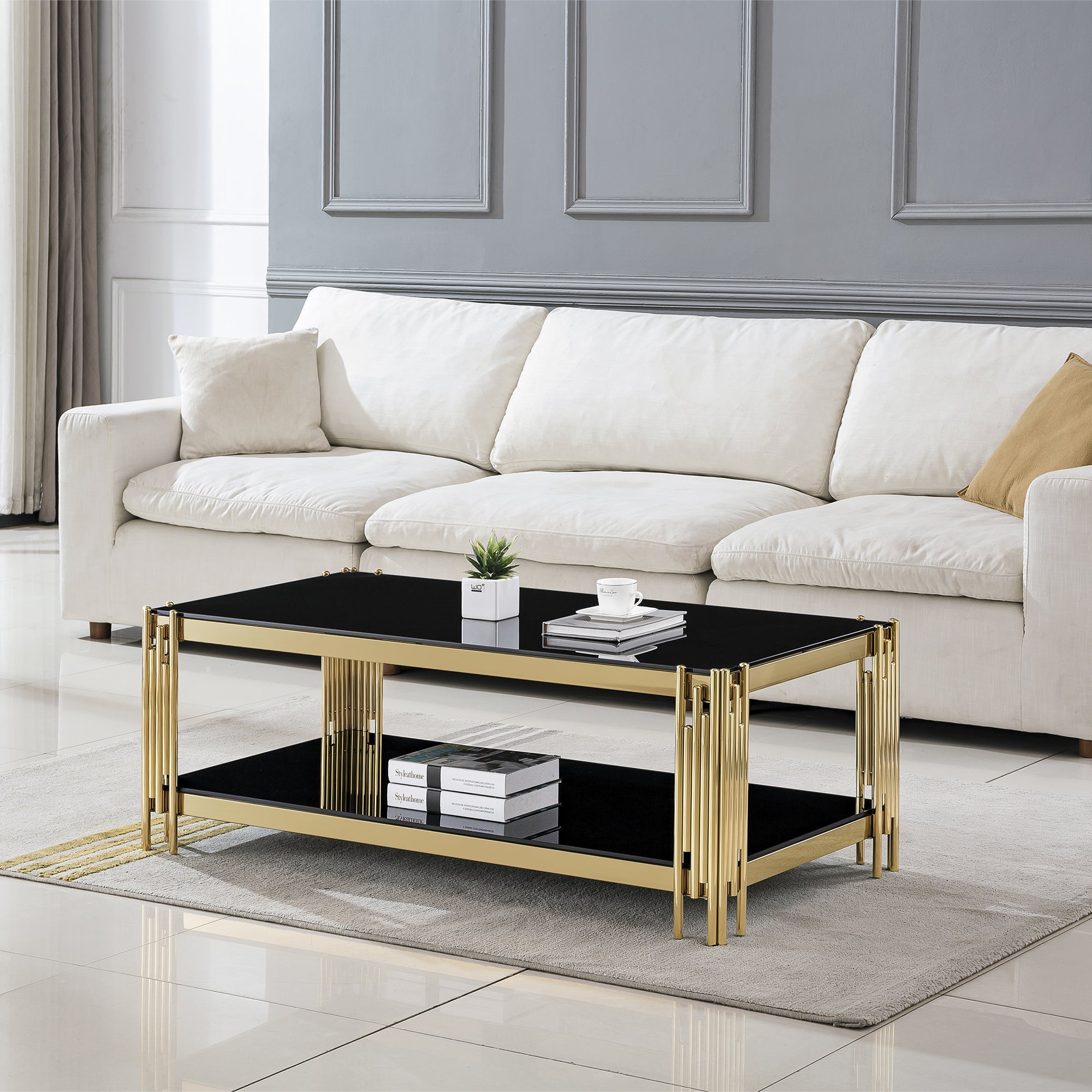 COFFEE TABLE 8 MM CLEAR/BLACK TEMPERED GLASS 201 STAINLESS STEEL GOLD/SILVER MIRRORED FINISH SIZE:47.2"Lx23.6"Dx17 .7"H