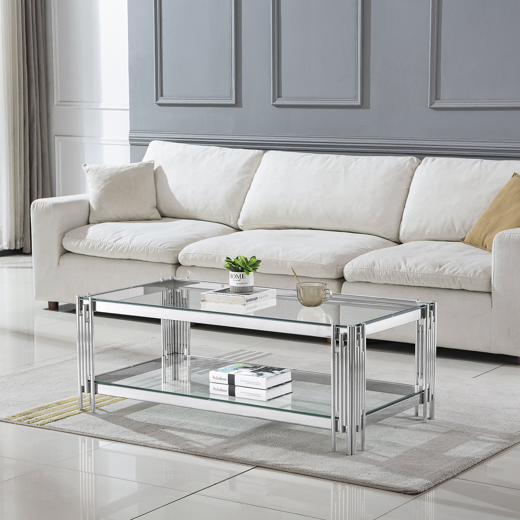 COFFEE TABLE 8 MM CLEAR/BLACK TEMPERED GLASS 201 STAINLESS STEEL GOLD/SILVER MIRRORED FINISH SIZE:47.2"Lx23.6"Dx17 .7"H