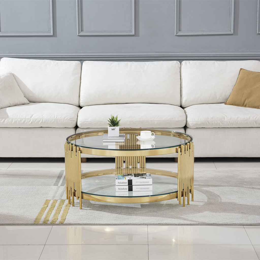 COFFEE TABLE 8 MM CLEAR/BLACK TEMPERED GLASS 201 STAINLESS STEEL GOLD/SILVER MIRRORED FINISH SIZE:35.4"Lx35.4"Dx17.7"H