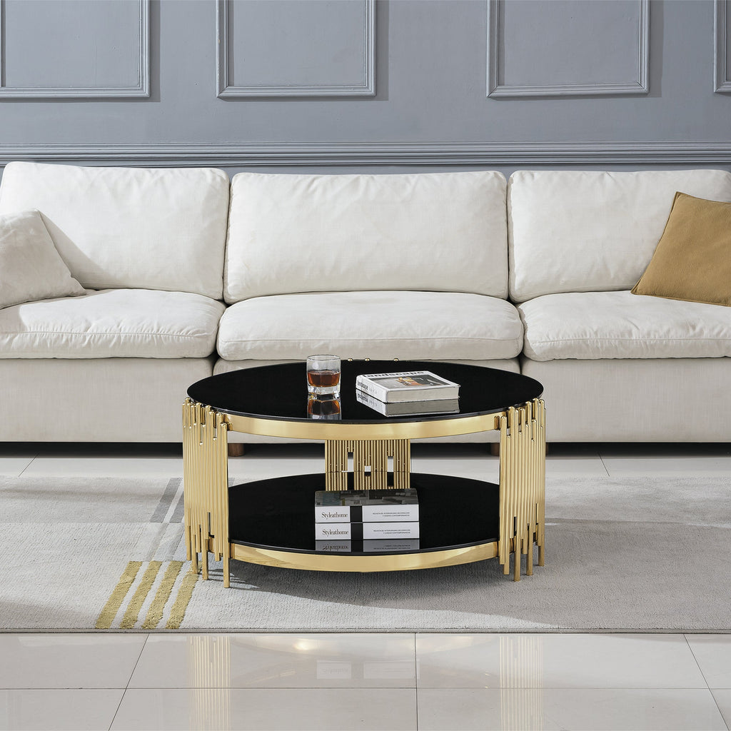 COFFEE TABLE 8 MM CLEAR/BLACK TEMPERED GLASS 201 STAINLESS STEEL GOLD/SILVER MIRRORED FINISH SIZE:35.4"Lx35.4"Dx17.7"H