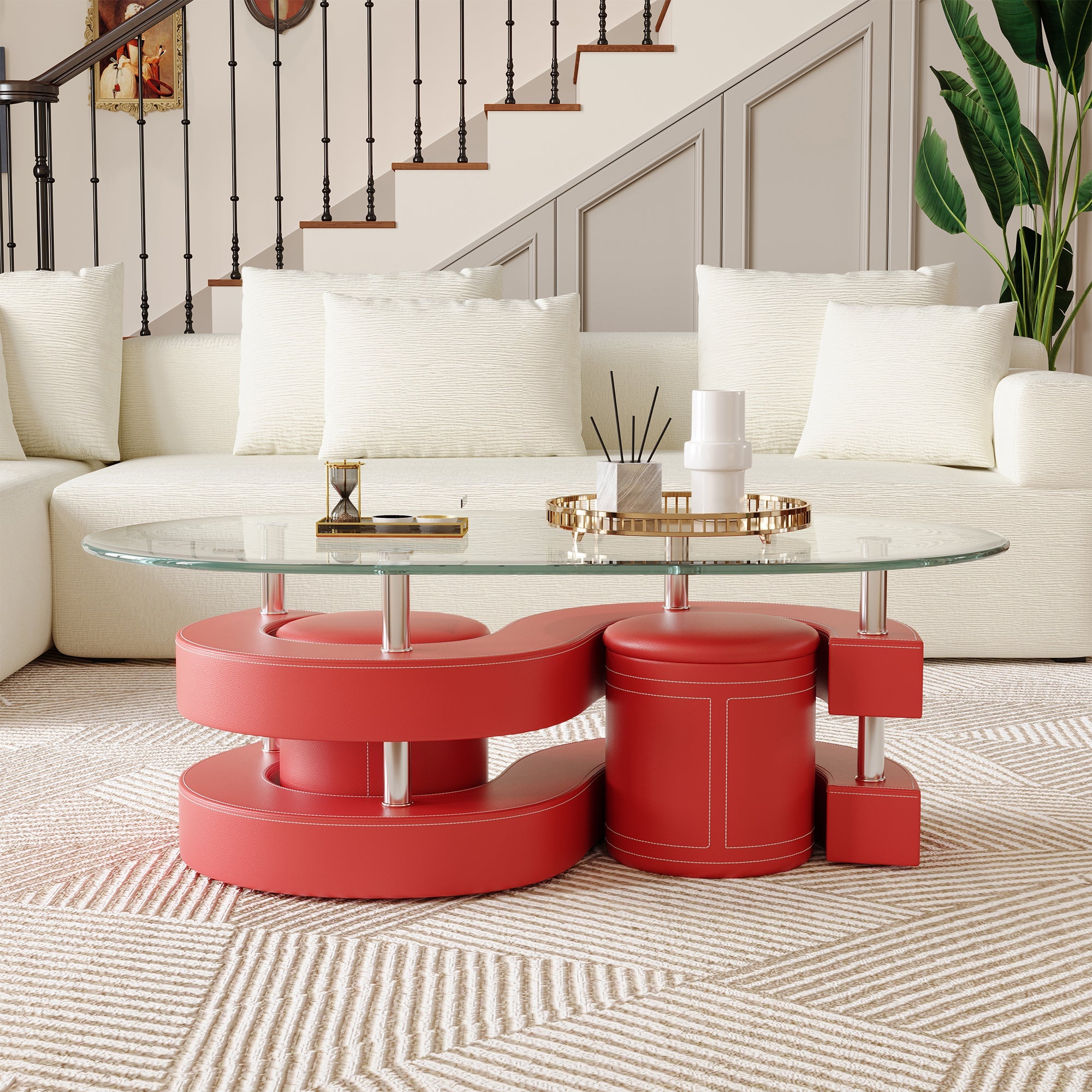OVAL COFFEE TABLE SET TEMPERED GLASS 10MM / MDF / METAL / PU / 2 ROUND STOOLS COLOR OPTIONS: BLACK WHITE BROWN RED SIZE : L50.5xW27.5xH17.5"