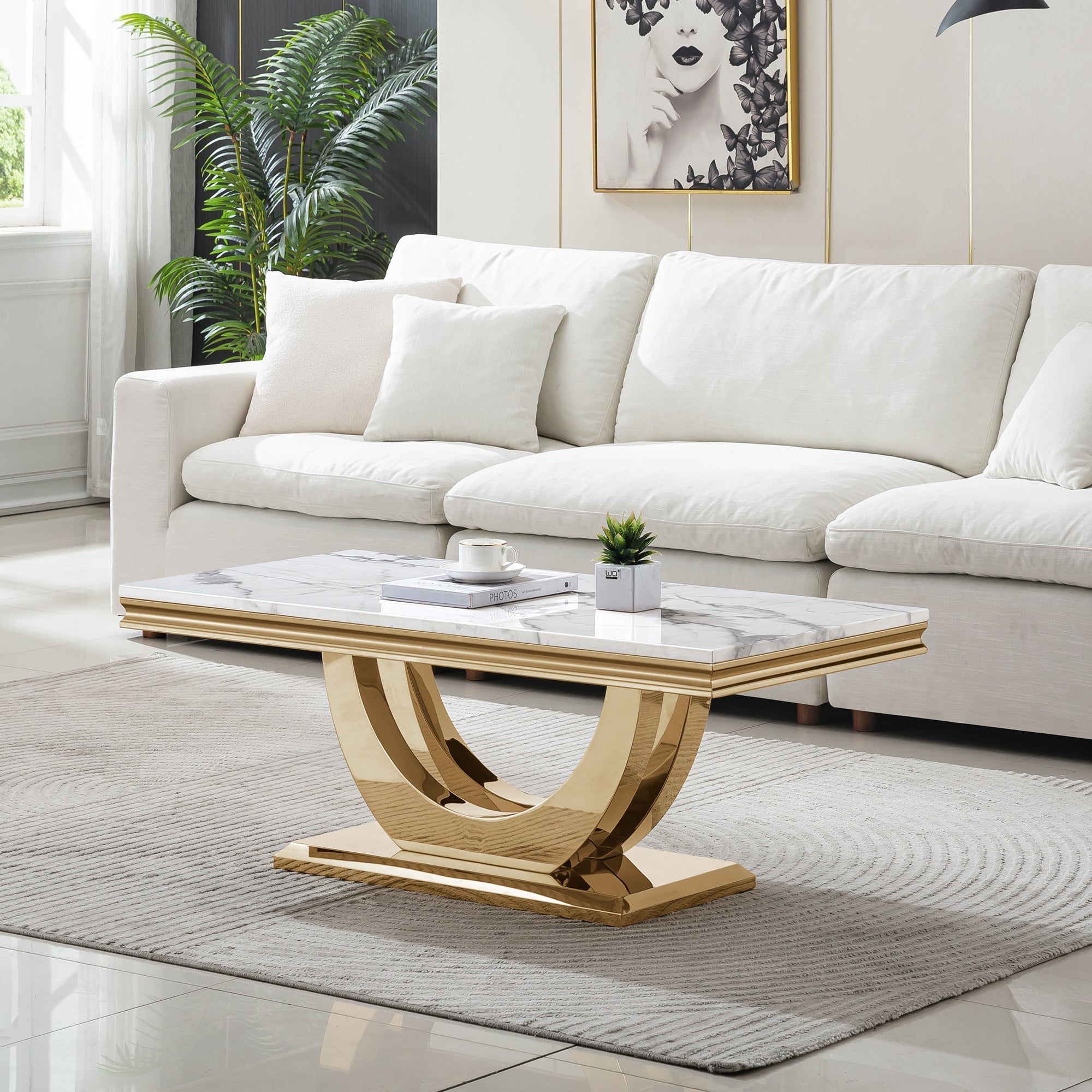 COFFEE TABLE 18  MMWHITE  MARBLE 201 STAINLESS STEEL GOLDMIRRORED FINISH SIZE:47.2"Lx23.6"Dx17.7"H