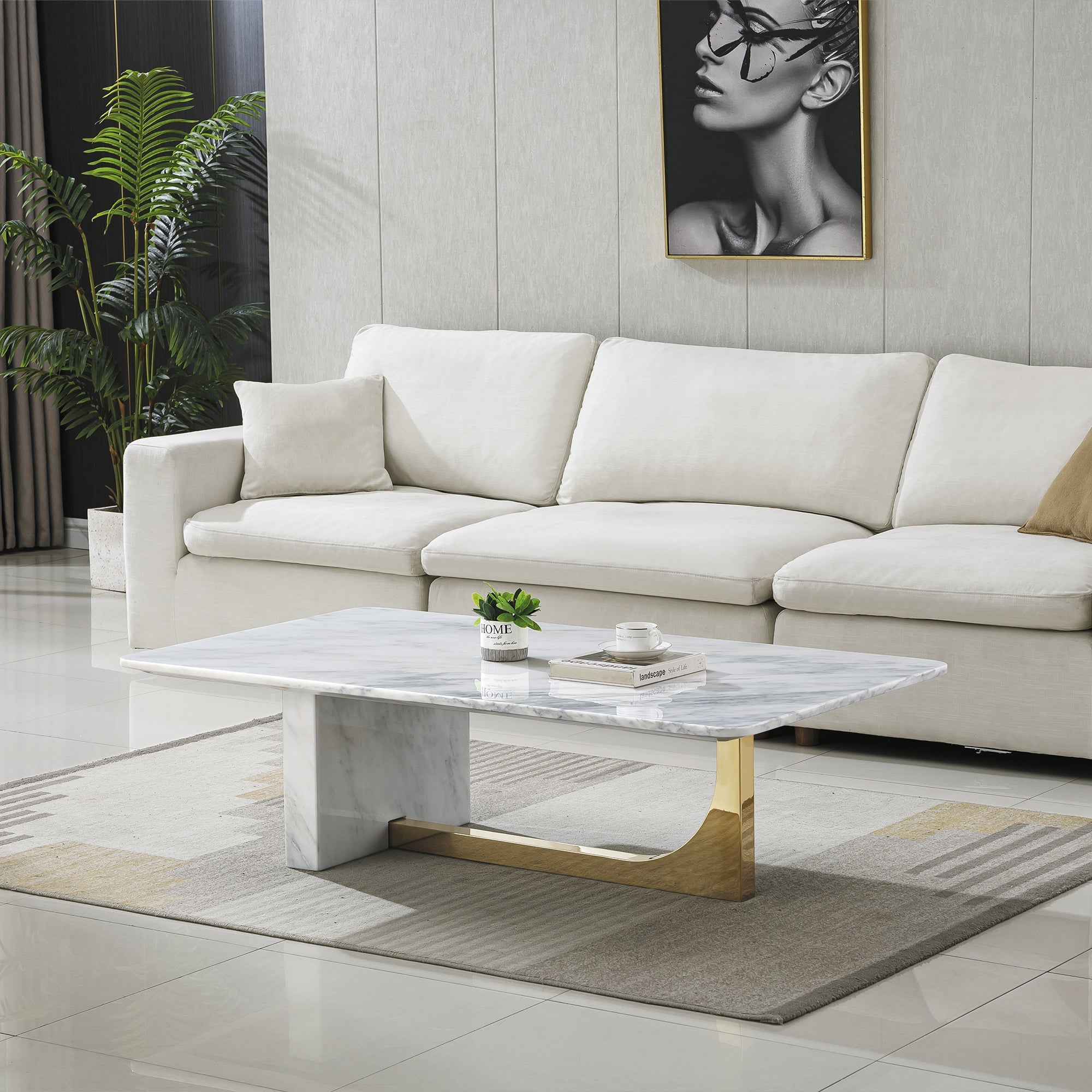 COFFEE TABLE 18 MM MARBLE PANEL BULGARI WHITE MARBLE 201 STAINLESs STEEL GOLD MIRRORED FINISH SIZE:55.1"Lx31.5"Dx15.8"H