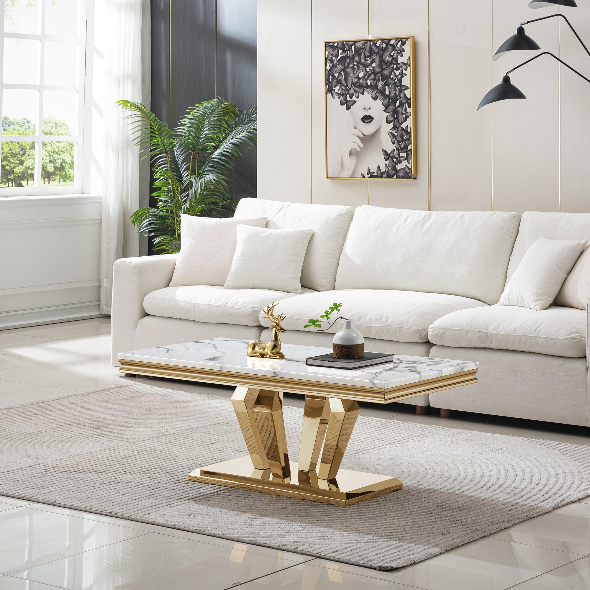 COFFEE TABLE 18 MM WHITE MARBLE 201 STAINLESS STEEL GOLD MIRRORED FINISH SIZE:47.2"Lx23.6"Dx17.7"H