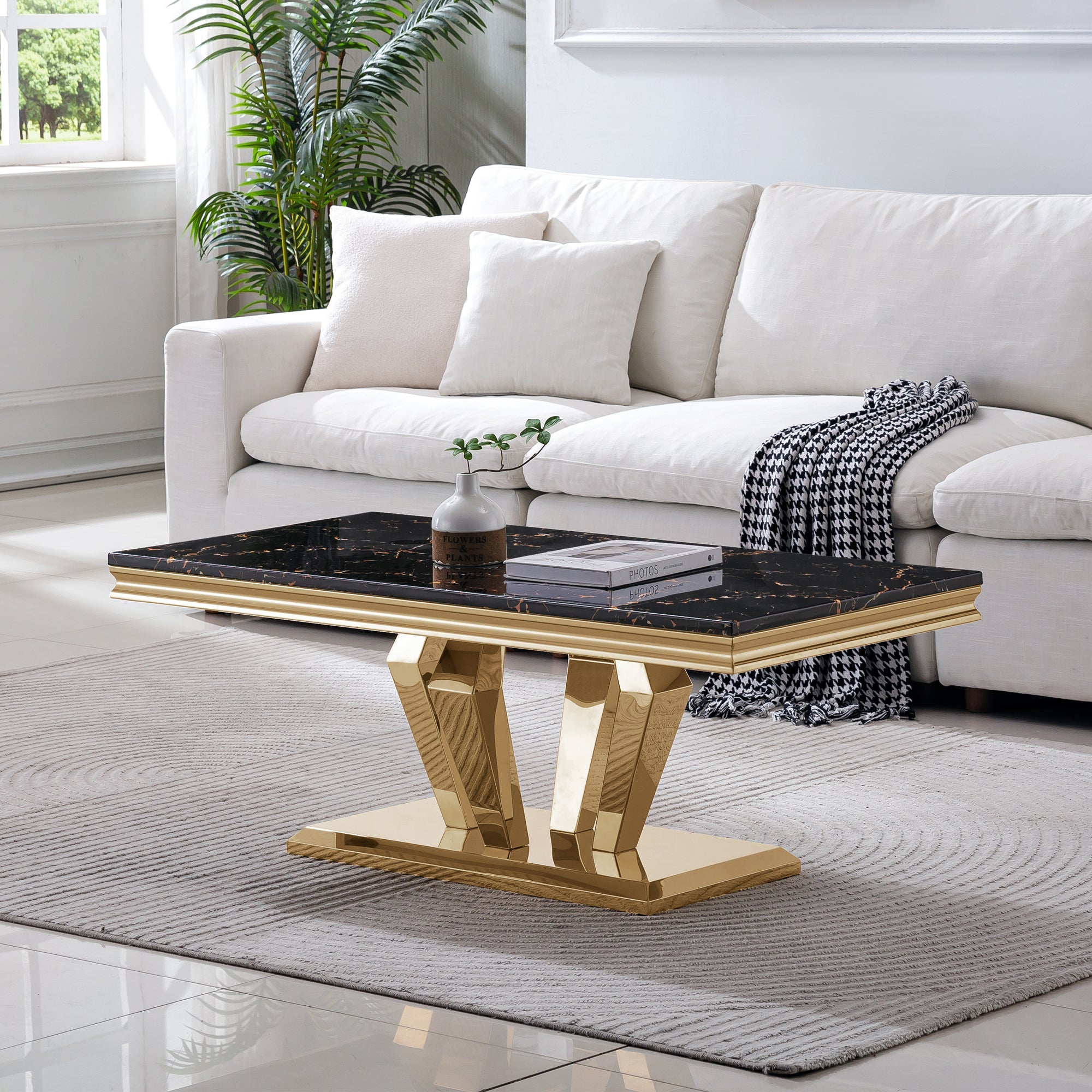 COFFEE TABLE 18 MM WHITE MARBLE 201 STAINLESS STEEL GOLD MIRRORED FINISH SIZE:47.2"Lx23.6"Dx17.7"H
