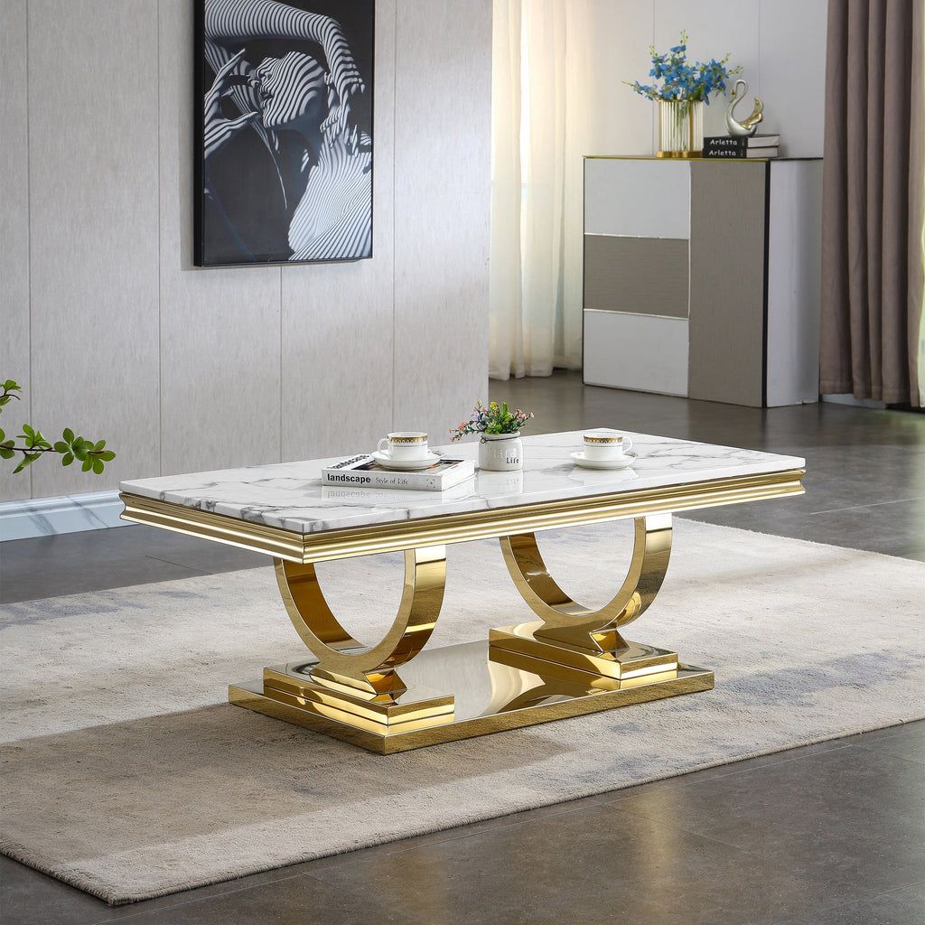 COFFEE TABLE 18 MM WHITE MARBLE 201 STAINLESS STEEL GOLD MIRRORED FINISH SIZE:47.2"Lx23.6"Dx17.7"H