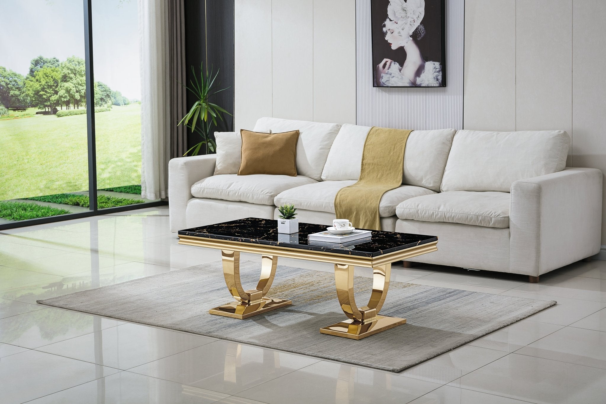 COFFEE TABLE 18 MM WHITE MARBLE 201 STAINLESS STEEL GOLD MIRRORED FINISH SIZE:47.2"Lx23.6"Dx17.7"H