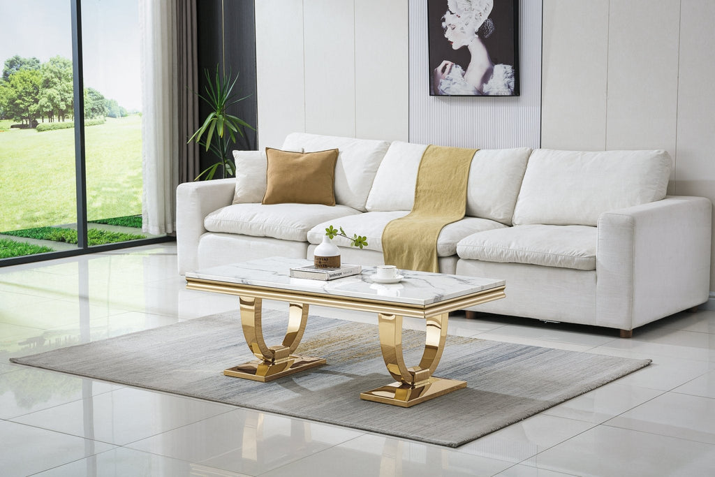 COFFEE TABLE 18 MM WHITE MARBLE 201 STAINLESS STEEL GOLD MIRRORED FINISH SIZE:47.2"Lx23.6"Dx17.7"H