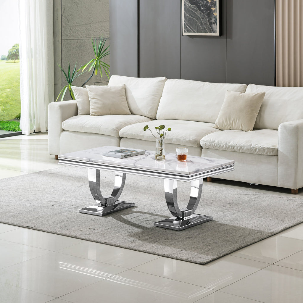 COFFEE TABLE 18 MM WHITE MARBLE 201 STAINLESS STEEL GOLD MIRRORED FINISH SIZE:47.2"Lx23.6"Dx17.7"H