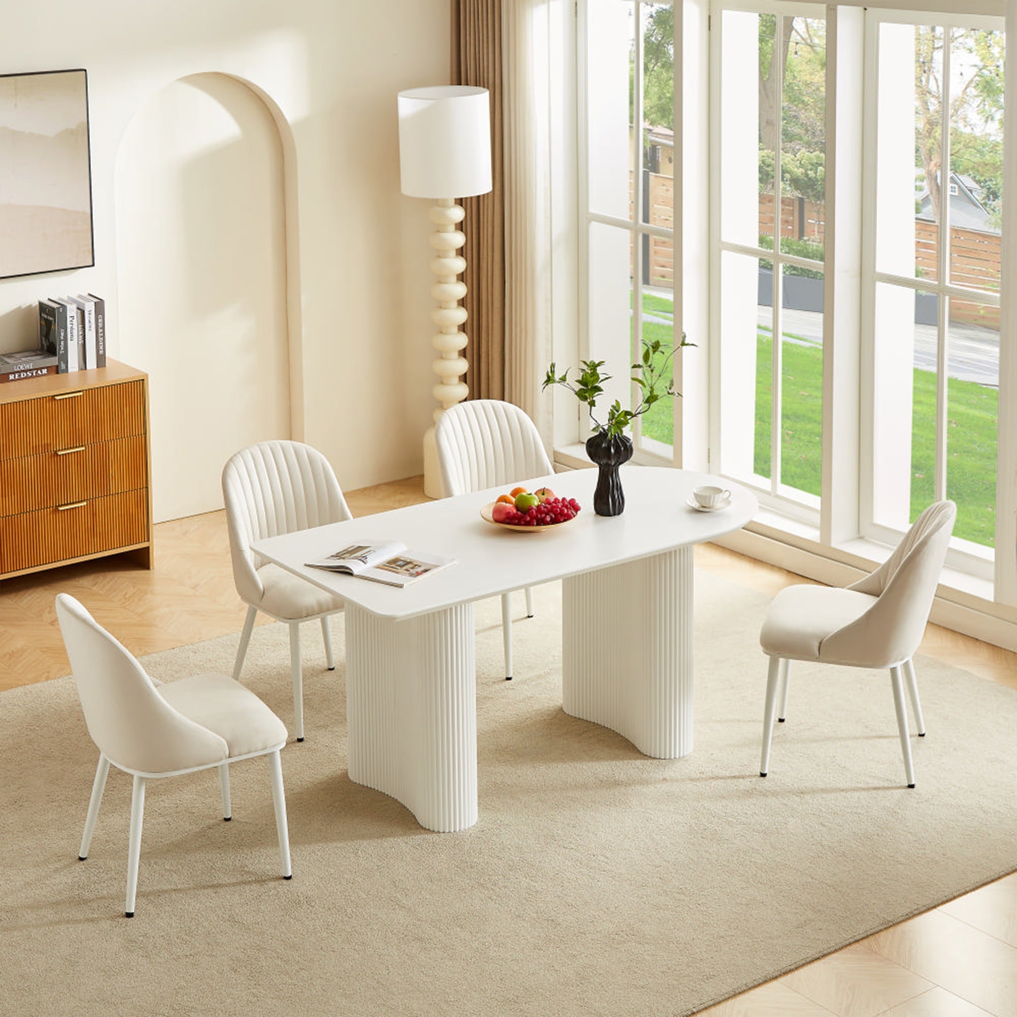 Dining table MDF/ Matte white. Chairs are not included. DT0223 Table size: 55.12" x 31.5" x 29.53". DT0224 Table Size: 62.99" x 31.5" x 29.53". DT0225 Table Size: 70.9"L x 31.5"D x 29.5"H