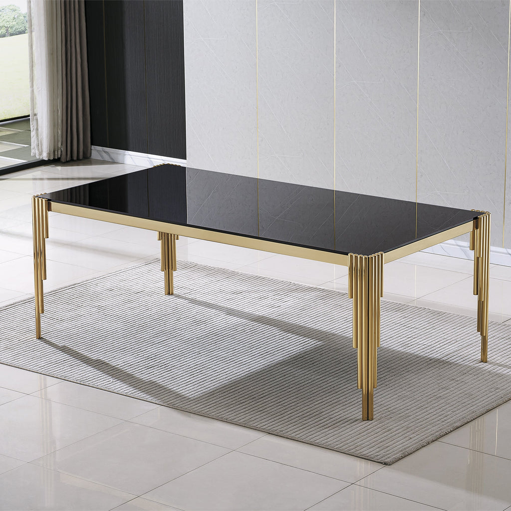 DINING TABLE 12 MM CLEAR/BLACK TEMPERED GLASS 201 STAINLESS STEEL GOLD/SILVER MIRRORED FINISH SIZE: 80.71"Lx41.34"Dx29.53"H