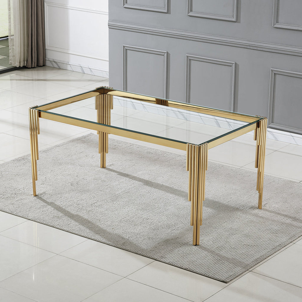 DINING TABLE 10 MM CLEAR/BLACK TEMPERED GLASS 201 STAINLESS STEEL GOLD/SILVER MIRRORED FINISH SIZE:64.96"Lx37.40"Dx29.53"H