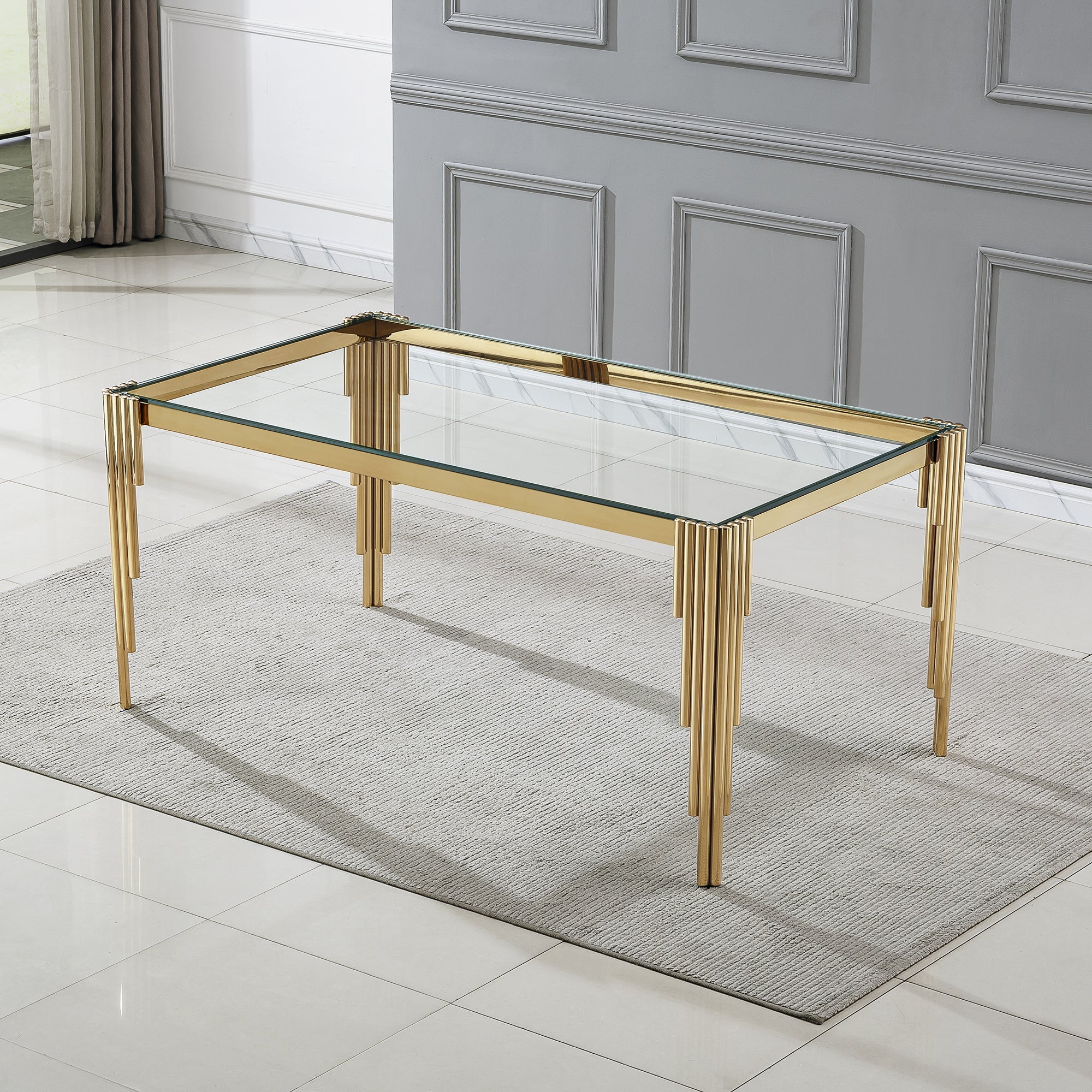 DINING TABLE 10 MM CLEAR/BLACK TEMPERED GLASS 201 STAINLESS STEEL GOLD/SILVER MIRRORED FINISH SIZE:64.96"Lx37.40"Dx29.53"H