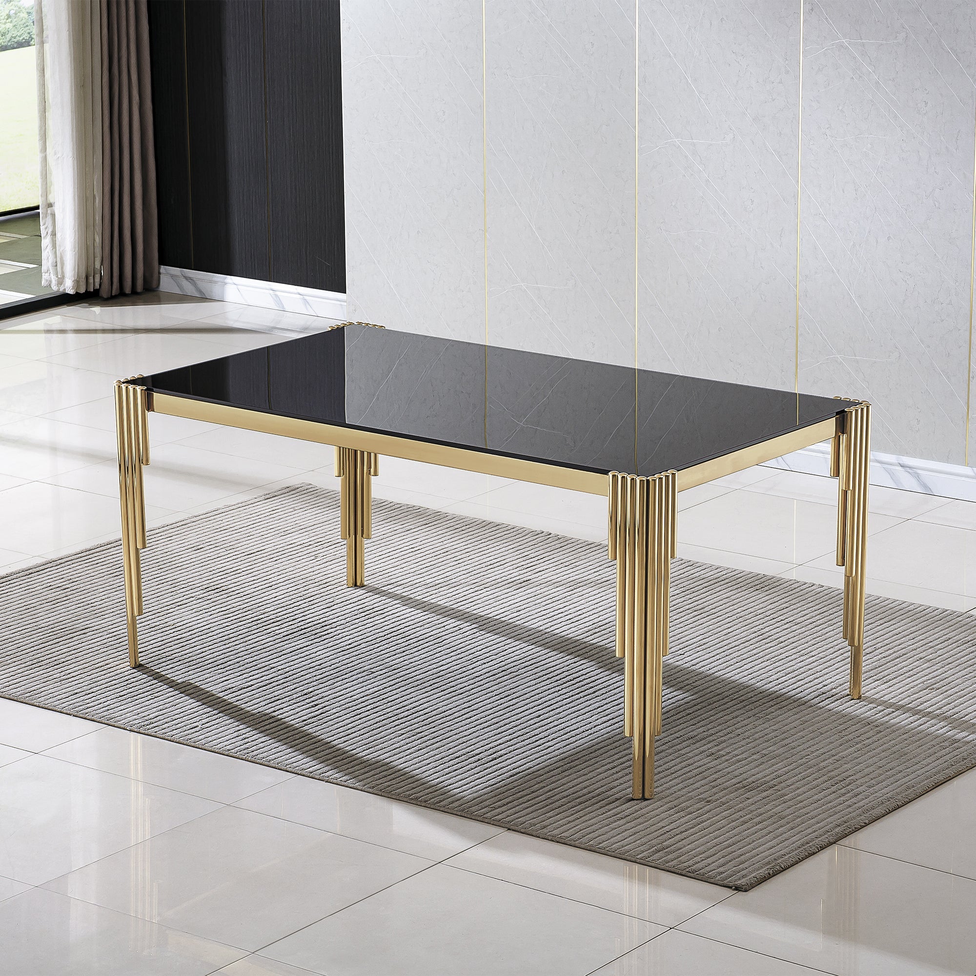 DINING TABLE 10 MM CLEAR/BLACK TEMPERED GLASS 201 STAINLESS STEEL GOLD/SILVER MIRRORED FINISH SIZE:64.96"Lx37.40"Dx29.53"H