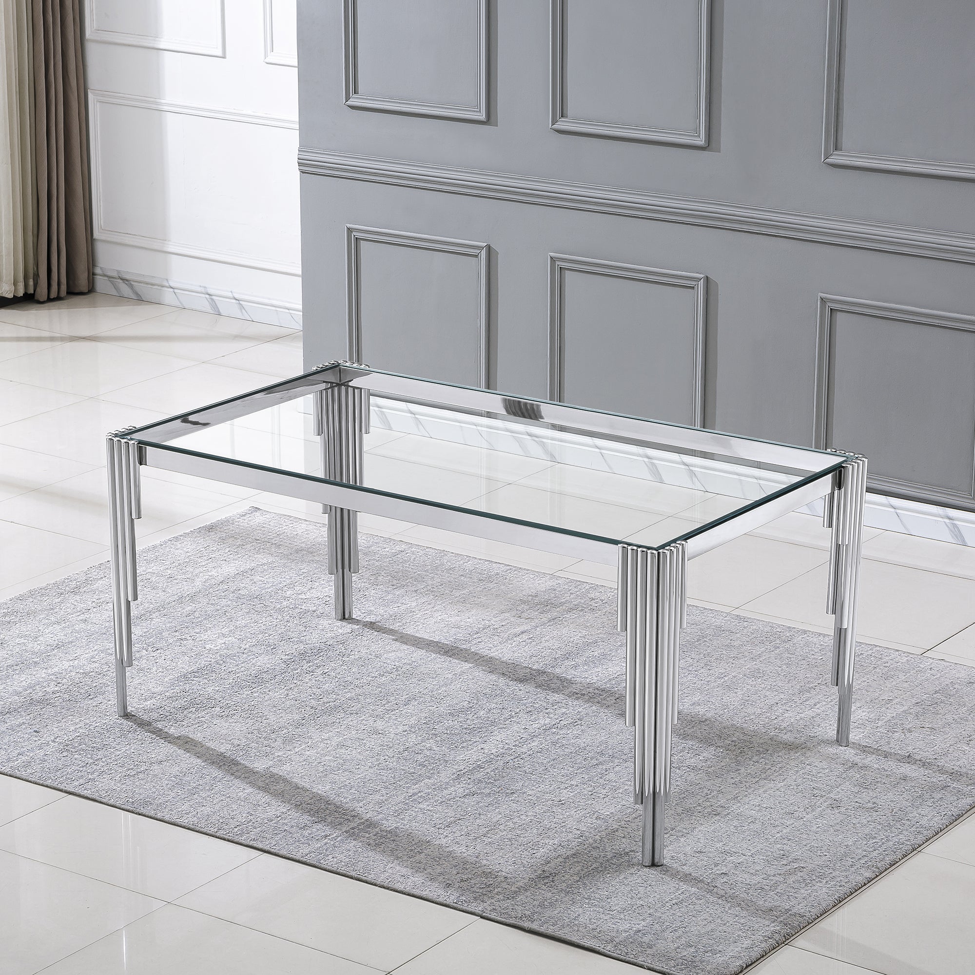 DINING TABLE 10 MM CLEAR/BLACK TEMPERED GLASS 201 STAINLESS STEEL GOLD/SILVER MIRRORED FINISH SIZE:64.96"Lx37.40"Dx29.53"H