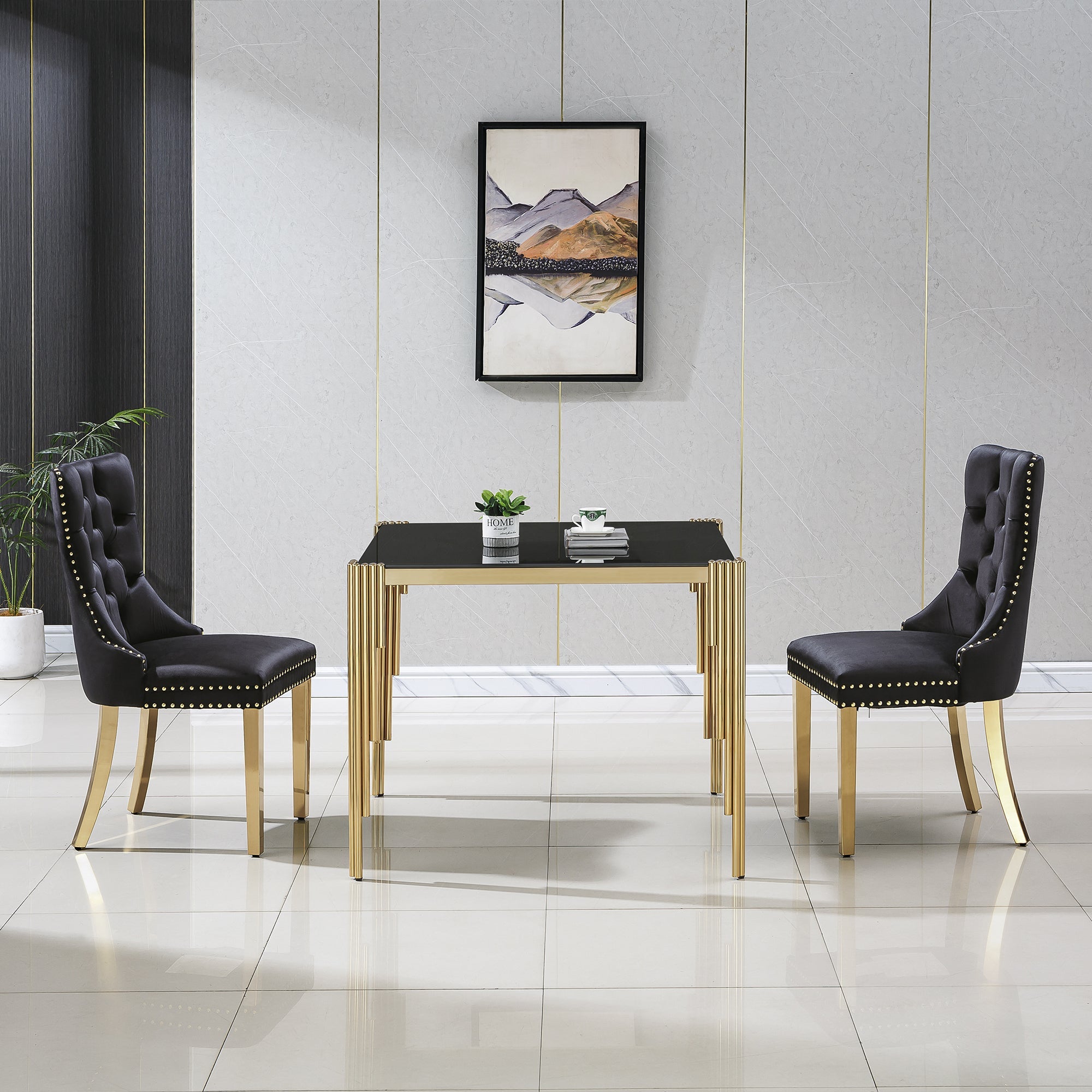 DINING TABLE 10 MM CLEAR/BLACK TEMPERED GLASS 201 STAINLESS STEEL GOLD/SILVER MIRRORED FINISH SIZE:37.01"Lx37.01"Dx29.53"H