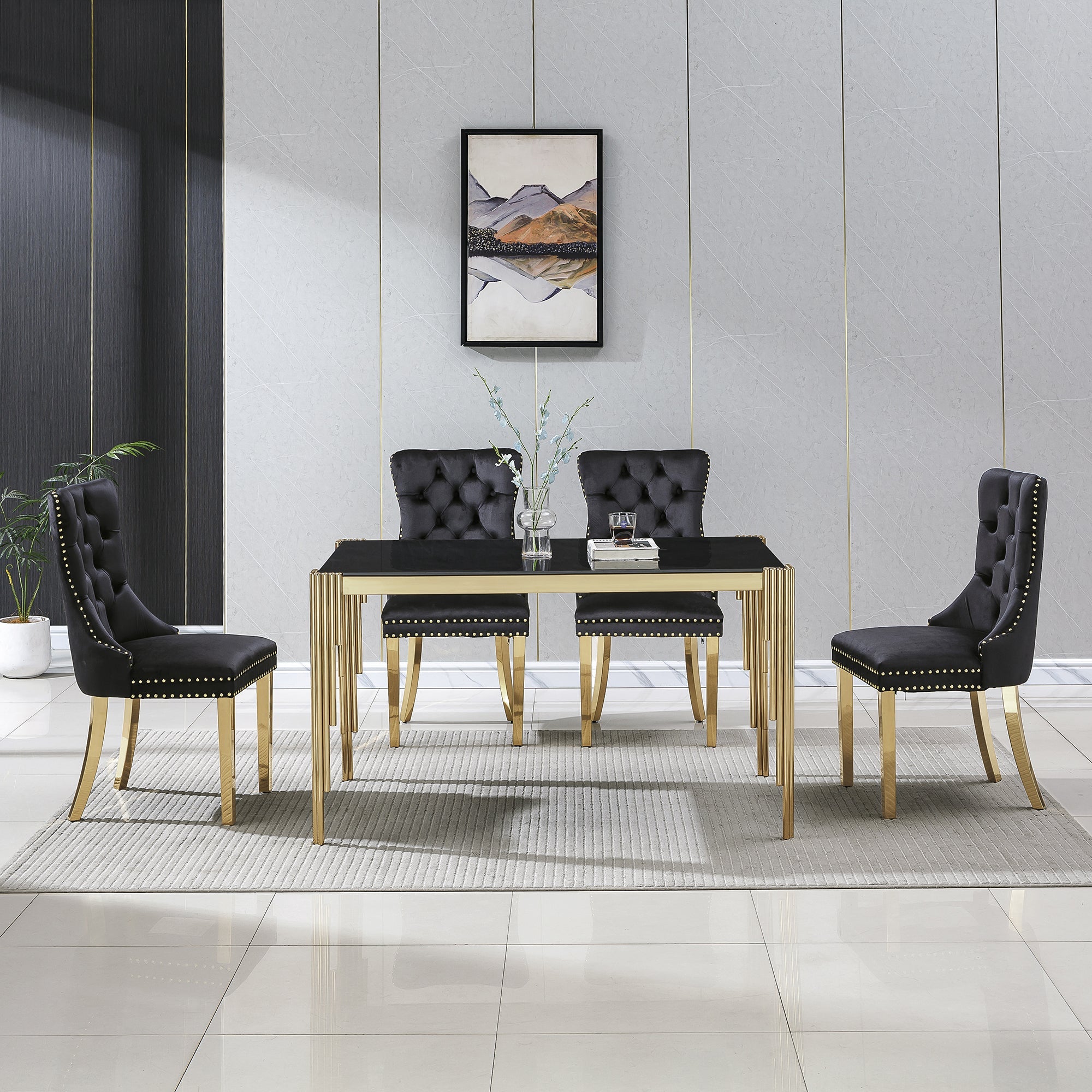 DINING TABLE 10 MM CLEAR/BLACK TEMPEREDGLASS 201 STAINLESS STEEL GOLD/SILVER MIRRORED FINISH SIZE:52.76"Lx33.07"Dx29.53"H