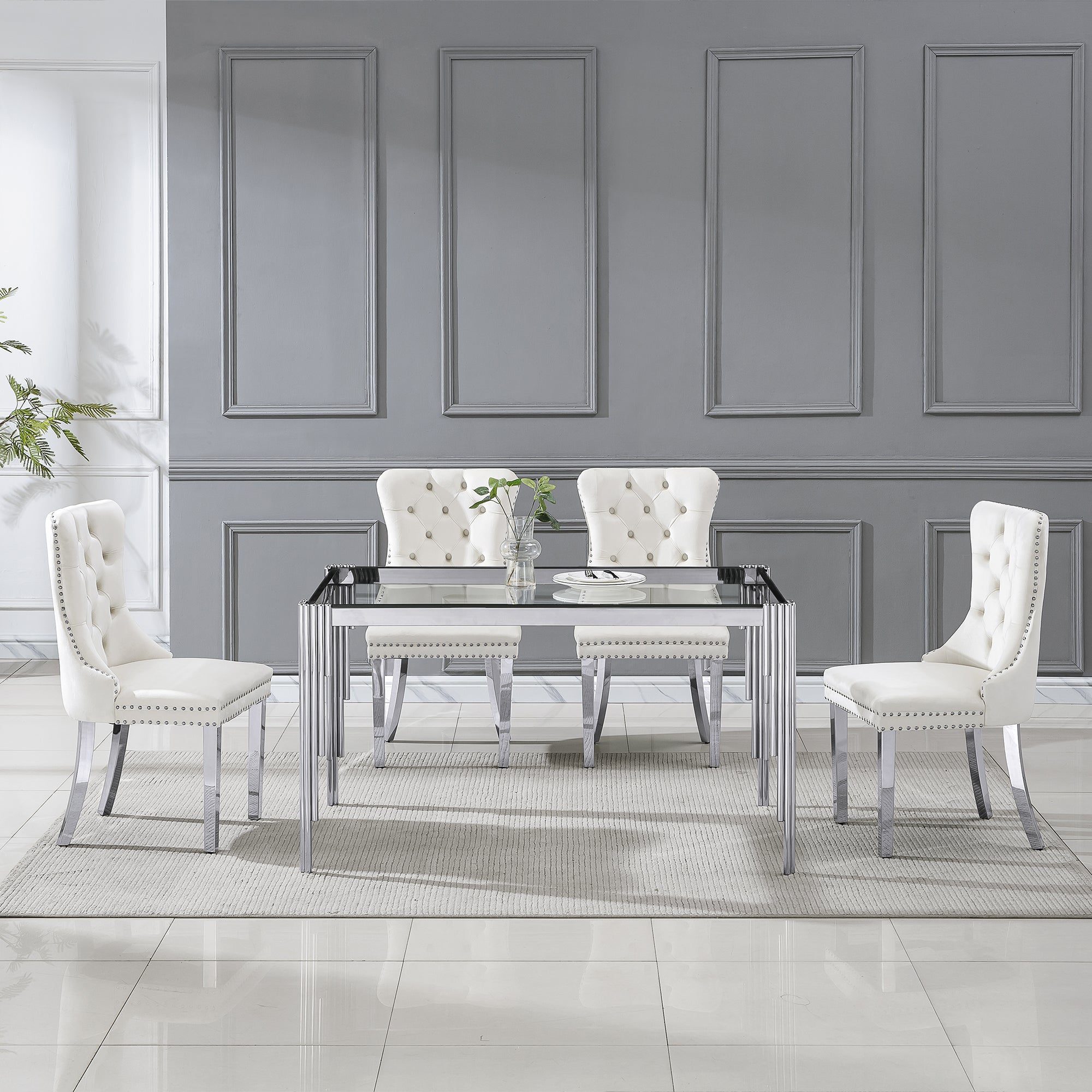 DINING TABLE 10 MM CLEAR/BLACK TEMPEREDGLASS 201 STAINLESS STEEL GOLD/SILVER MIRRORED FINISH SIZE:52.76"Lx33.07"Dx29.53"H