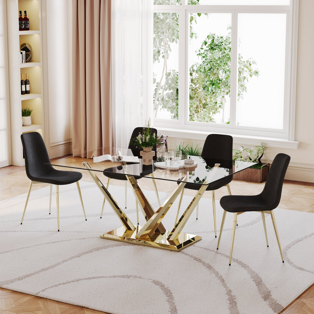 RECTANGULAR DINING TABLE 10 MM CLEAR TEMPEREDGLASS 201 STAINLESS STEEL GOLD/SILVER MIRRORED FINISH SIZE:63.0"Lx35.4"Dx29.5"H