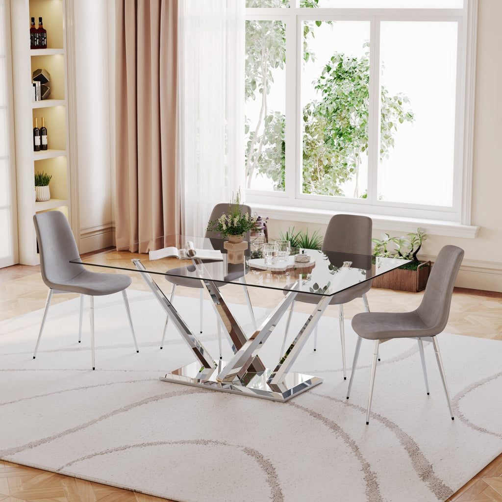 RECTANGULAR DINING TABLE 10 MM CLEAR TEMPEREDGLASS 201 STAINLESS STEEL GOLD/SILVER MIRRORED FINISH SIZE:63.0"Lx35.4"Dx29.5"H