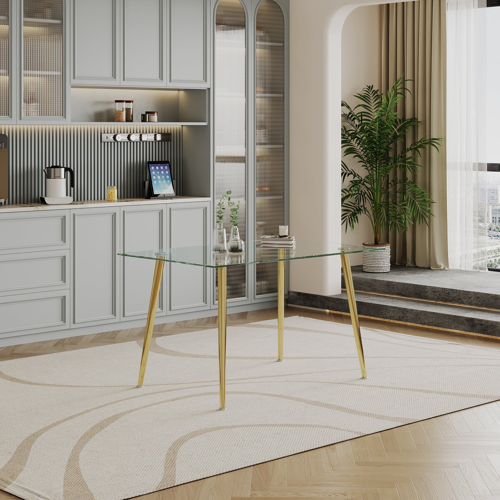 RECTANGULARDINING TABLE 8 MM CLEAR TEMPERED GLASS 201 STAINLESS STEEL GOLD/SILVER MIRRORED FINISH SIZE:51.2"Lx31.5"Dx29.5"H