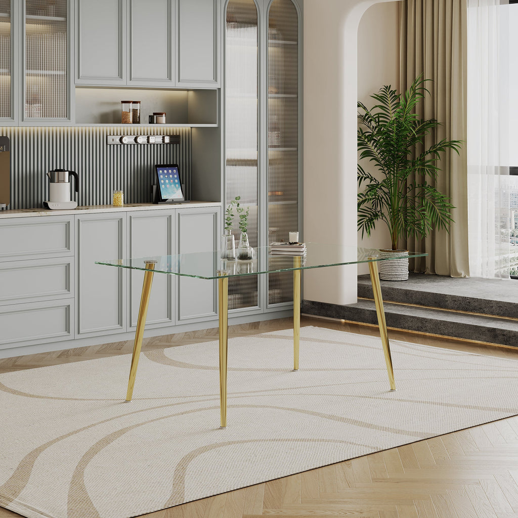 RECTANGULAR DINING TABLE 8 MM CLEAR TEMPERED GLASS 201 STAINLESS STEEL GOLD/SILVER MIRRORED FINISH SIZE:63.0"Lx35.4"Dx29.9"H