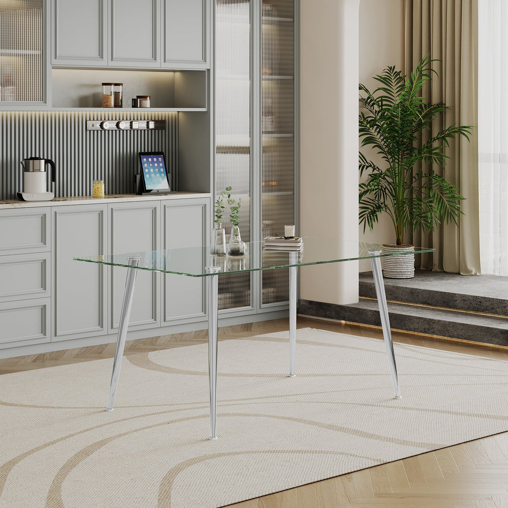 RECTANGULAR DINING TABLE 8 MM CLEAR TEMPERED GLASS 201 STAINLESS STEEL GOLD/SILVER MIRRORED FINISH SIZE:63.0"Lx35.4"Dx29.9"H