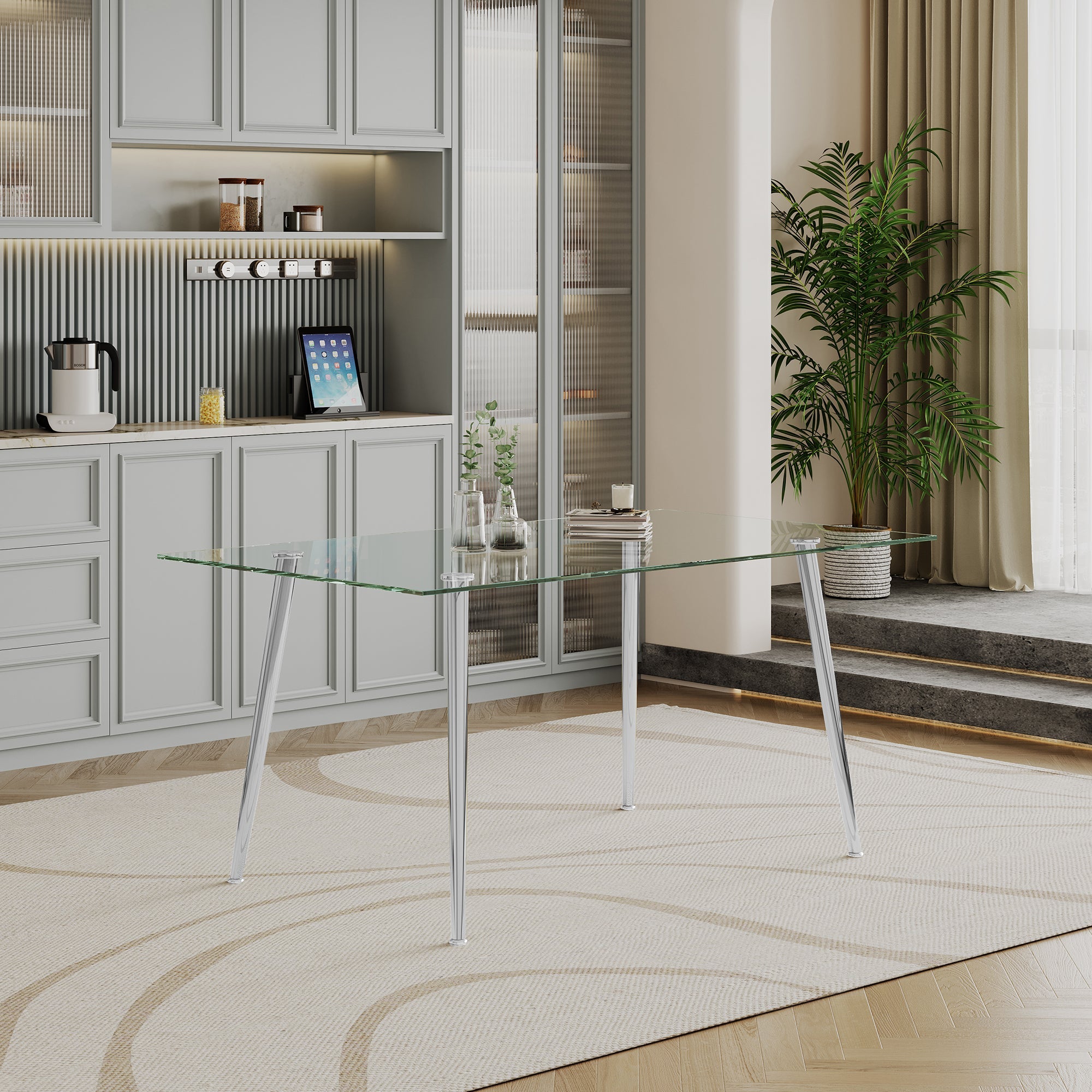 RECTANGULAR DINING TABLE 8 MM CLEAR TEMPERED GLASS 201 STAINLESS STEEL GOLD/SILVER MIRRORED FINISH SIZE:63.0"Lx35.4"Dx29.9"H