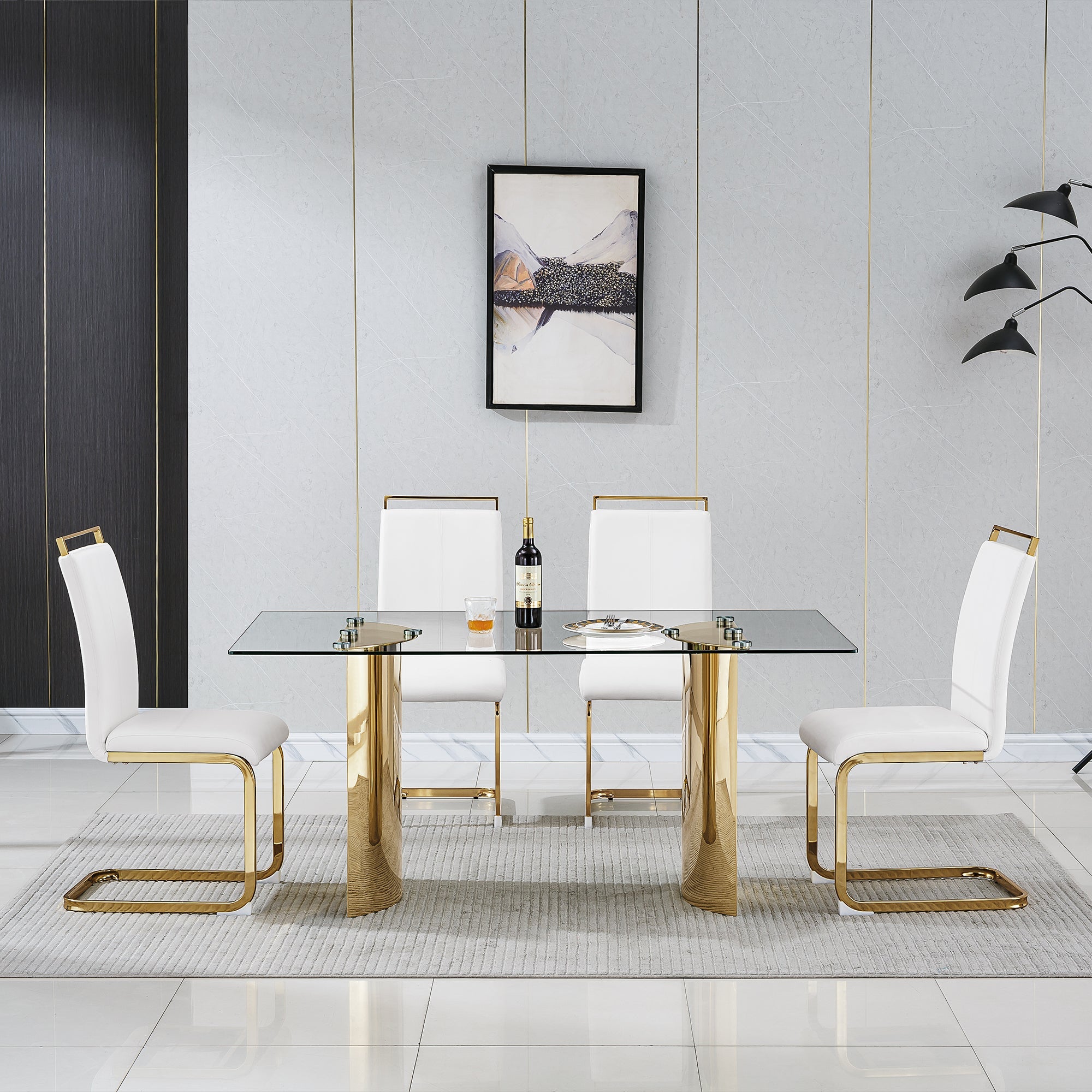 RECTANGULAR DINING TABLE 10 MM CLEAR TEMPERED GLASS 201 STAINLESS STEEL GOLD/SILVER MIRRORED FINISH SIZE:63.0"Lx35.4"Dx29.5"H