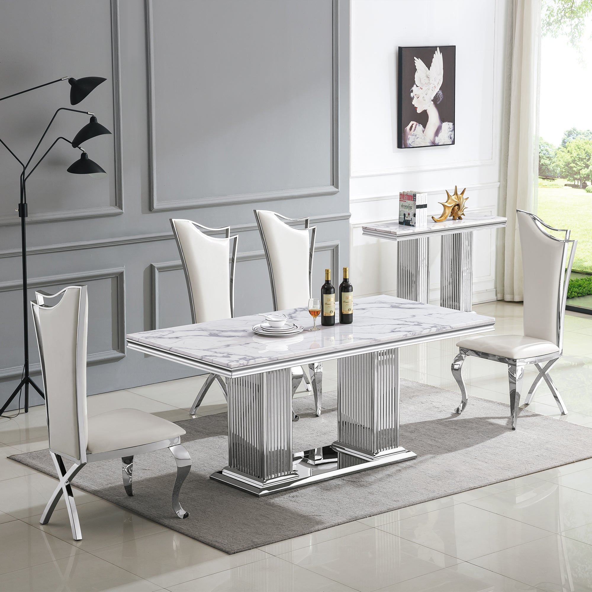 RECTANGULAR DINING TABLE 18 MM WHITE MARBLE 201 STAINLESS STEEL GOLD MIRRORED FINISH SIZE:78.7"Lx39.4"Dx29.5"H