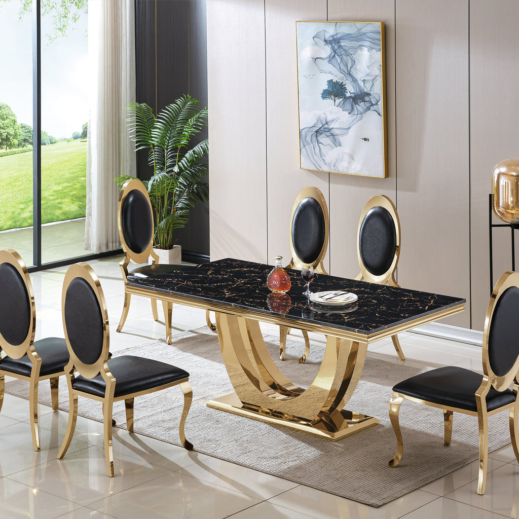 RECTANGULAR DINING TABLE 18 MM WHITE MARBLE 201 STAINLESS STEEL GOLD MIRRORED FINISH SIZE:78.7"Lx39.4"Dx29.9"H