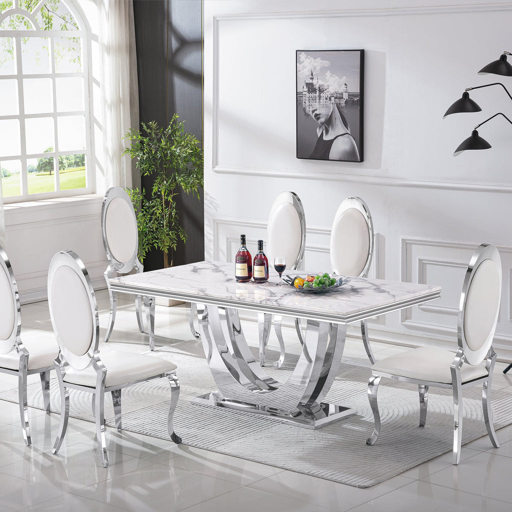 RECTANGULAR DINING TABLE 18 MM WHITE MARBLE 201 STAINLESS STEEL GOLD MIRRORED FINISH SIZE:78.7"Lx39.4"Dx29.9"H