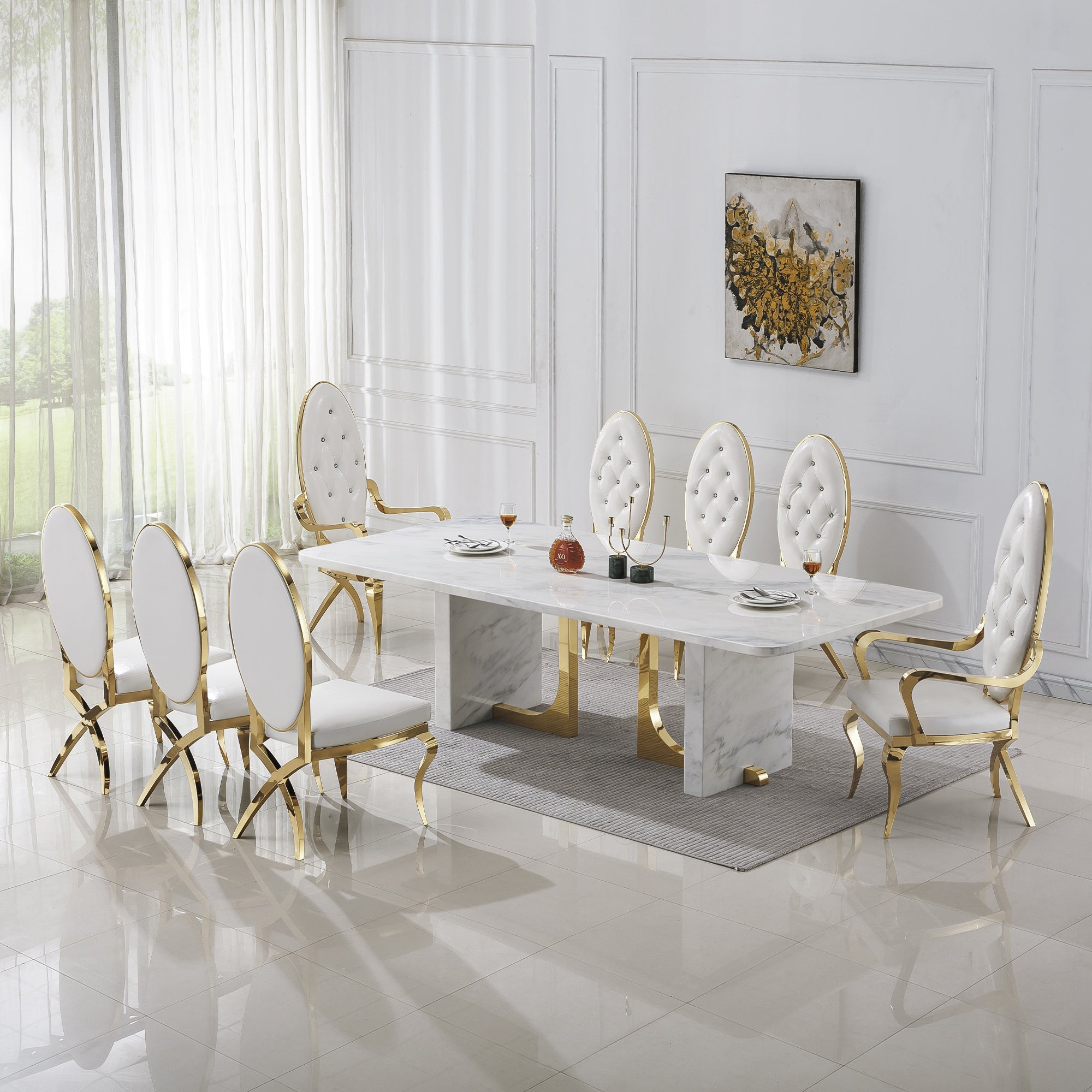 DINING TABLE 34 MM MARBLE PANEL BULGARIWHITE   MARBLE 201 STAINLESS STEEL GOLD MIRRORED FINISH SIZE:94.5"Lx43.3"Dx29.9"H
