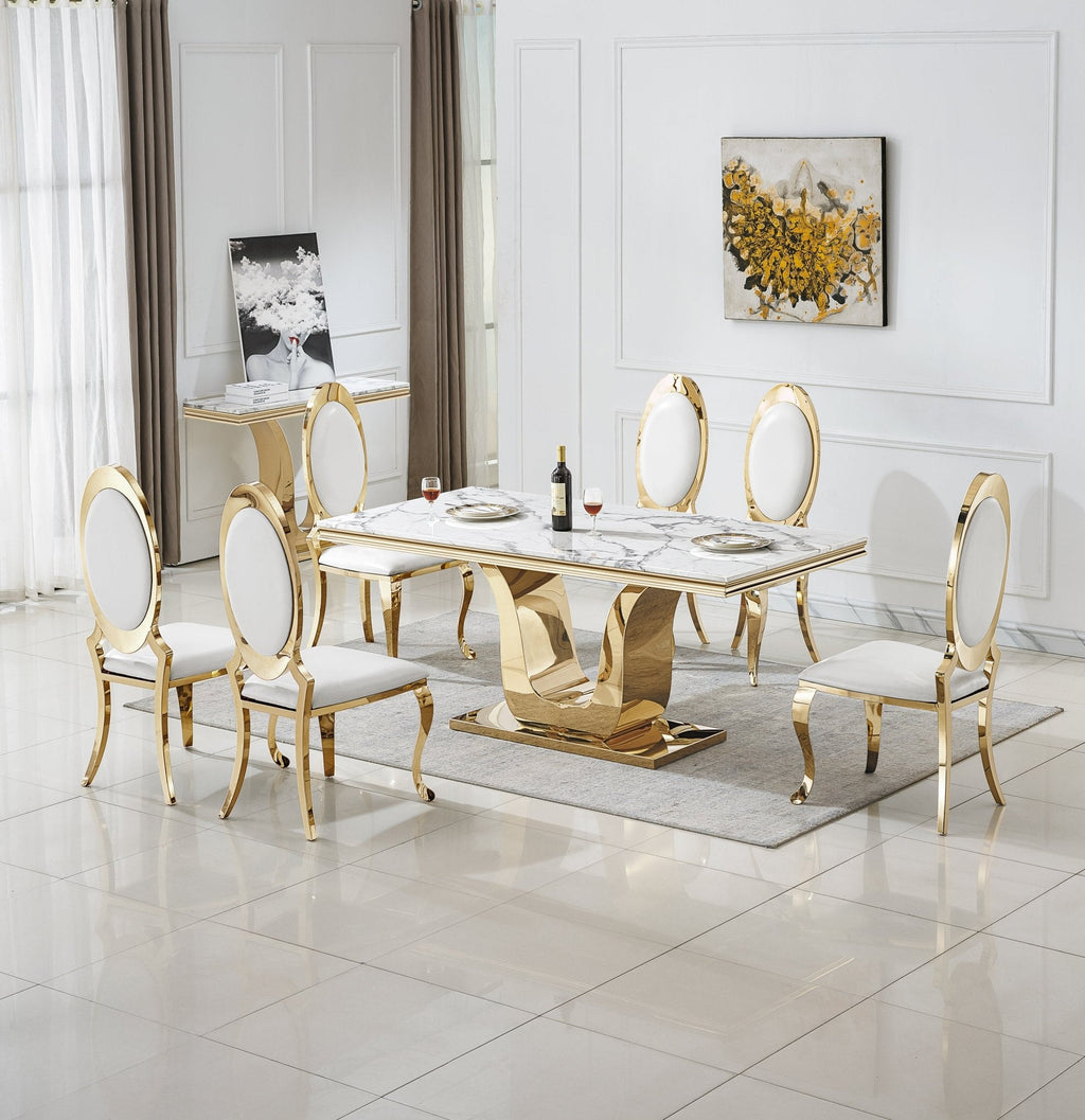 RECTANGULAR DINING TABLE 18MM WHITE MARBLE 201 STAINLESS STEEL GOLD MIRRORED FINISH SIZE:78.7"Lx39.4"Dx29.5"H