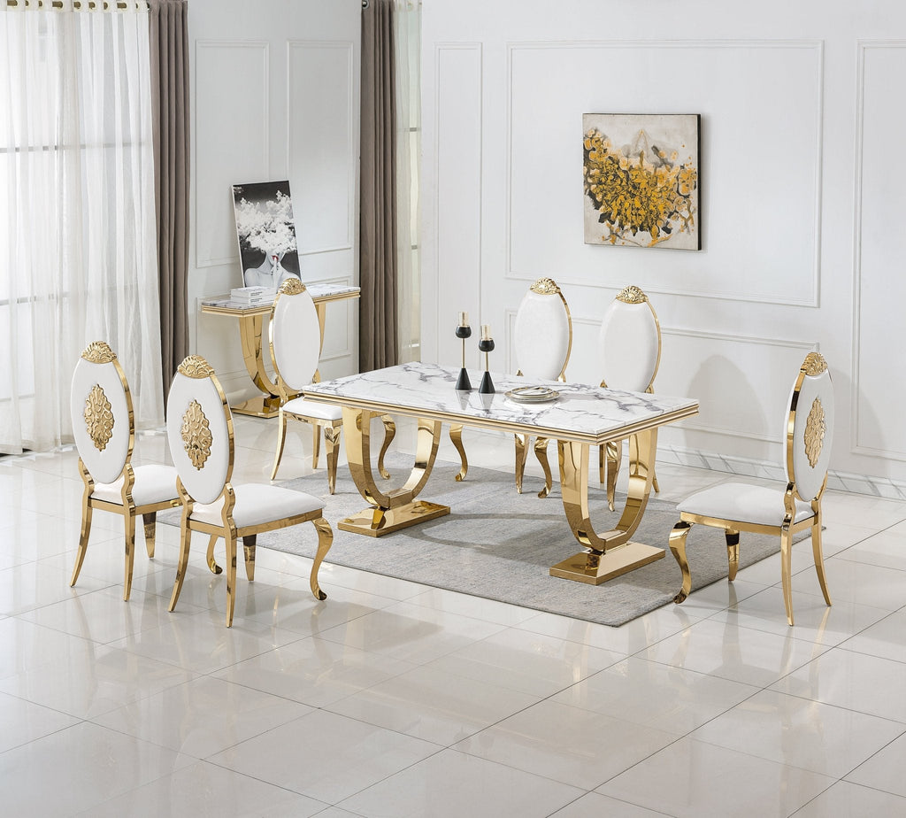 RECTANGULAR DINING TABLE 18 MM WHITE MARBLE 201 STAINLESS STEEL GOLD MIRRORED FINISH SIZE:78.7"Lx39.4"Dx29.9"H