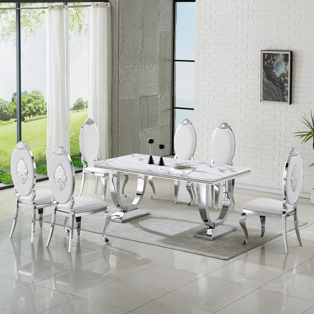 RECTANGULAR DINING TABLE 18 MM WHITE MARBLE 201 STAINLESS STEEL GOLD MIRRORED FINISH SIZE:78.7"Lx39.4"Dx29.9"H