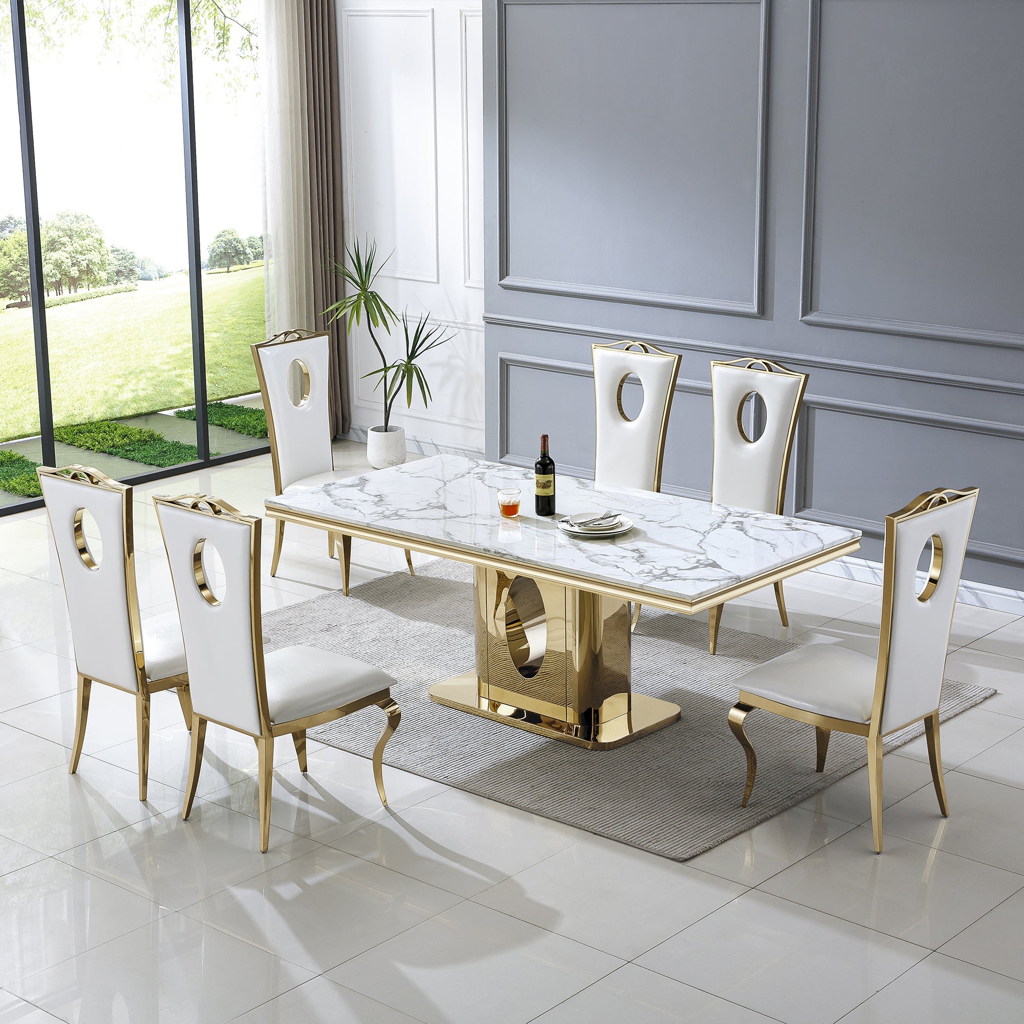 RECTANGULAR DINING TABLE 18 MM WHITE MARBLE 201 STAINLESS STEEL GOLD MIRRORED FINISH SIZE:78.7"Lx39.4"Dx29.5"H