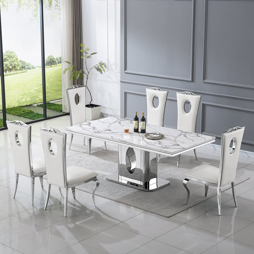 RECTANGULAR DINING TABLE 18 MM WHITE MARBLE 201 STAINLESS STEEL GOLD MIRRORED FINISH SIZE:78.7"Lx39.4"Dx29.5"H