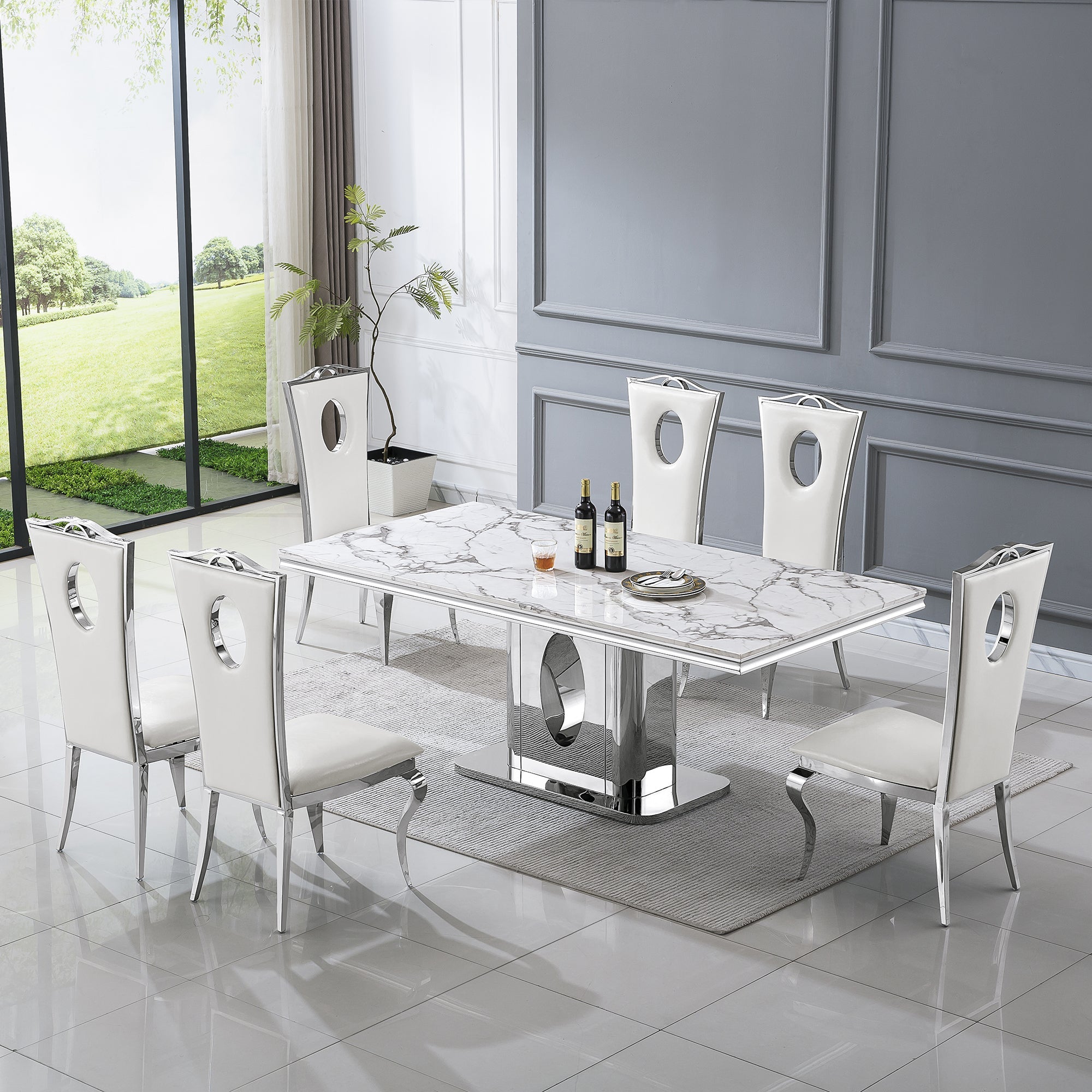 RECTANGULAR DINING TABLE 18 MM WHITE MARBLE 201 STAINLESS STEEL GOLD MIRRORED FINISH SIZE:78.7"Lx39.4"Dx29.5"H